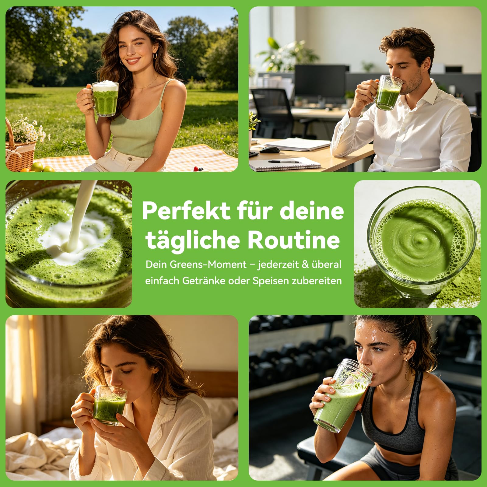 Grüne Entgiftungspulver, Grünes Superfood Helfer Pulver mit Löffel – 40+ Nährstoffe & Probiotika – Spirulina, Chlorella & Gerstengras – Veganes Greens Pulver für Smoothie & tägliche Routine – 210g