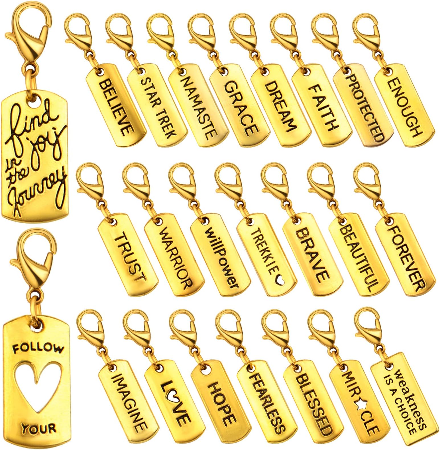 24pcs Antique Golden Clip-on Inspiration Charms Engraved Motivational Word Dangle Pendant Charms with Lobster Clasp for DIY Jewelry Making Accessory, 24 Styles