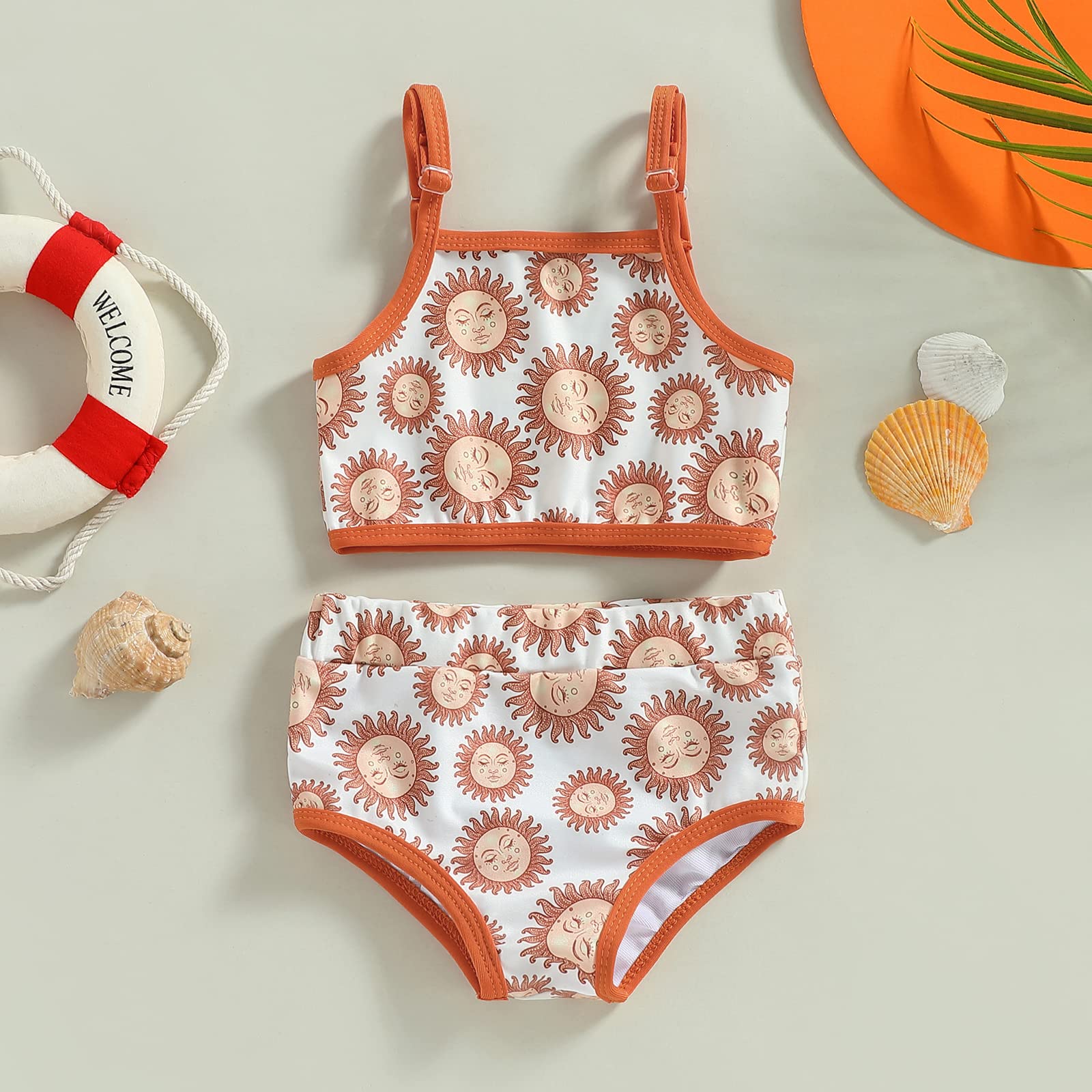 Baby Girl Rash Guard Swimsuit Sleeveless Sun Print Halter Tank Tops Shorts Bikini Crop Top Split Swimwear Set (Yellowish-Brown, 9-12 Months)