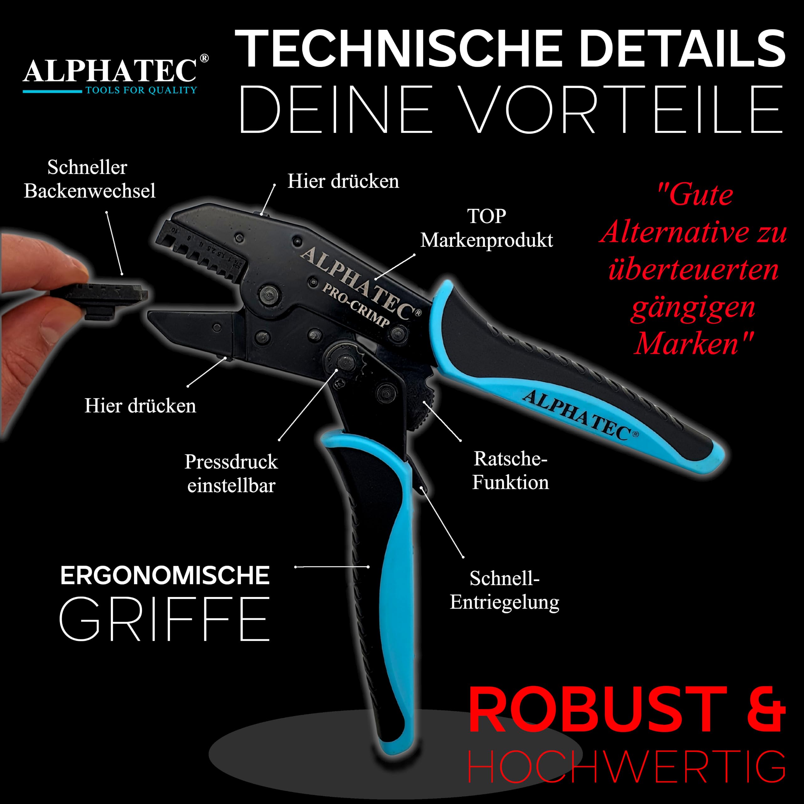 ALPHATEC® Crimpzange Set mit Wechselbacken [ 0,25-10mm² ] Multi 7-teilig | Crimpzange Kabelschuhe, Aderendhülsenzange, Flachstecker, MC4 Zange PV Solar, Verbinder, Presszange, Krimpzangenset 6x Backen