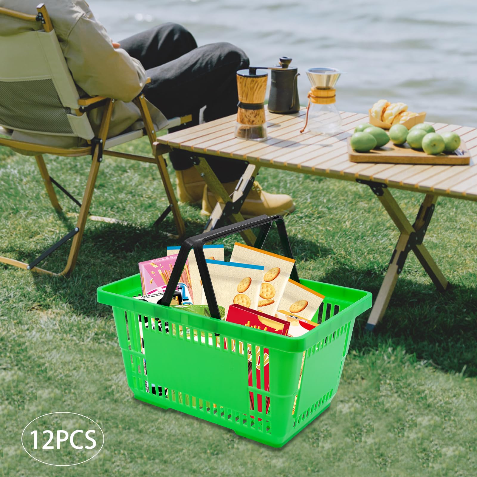 LyeXD 12PCS Shopping Carts with Handles, 28L/7.4gal Durable Plastic Shopping Cart, 18.9 * 13 * 10.2in Store Baskets, Portable Grocery Basket for Supermarket Market, Green