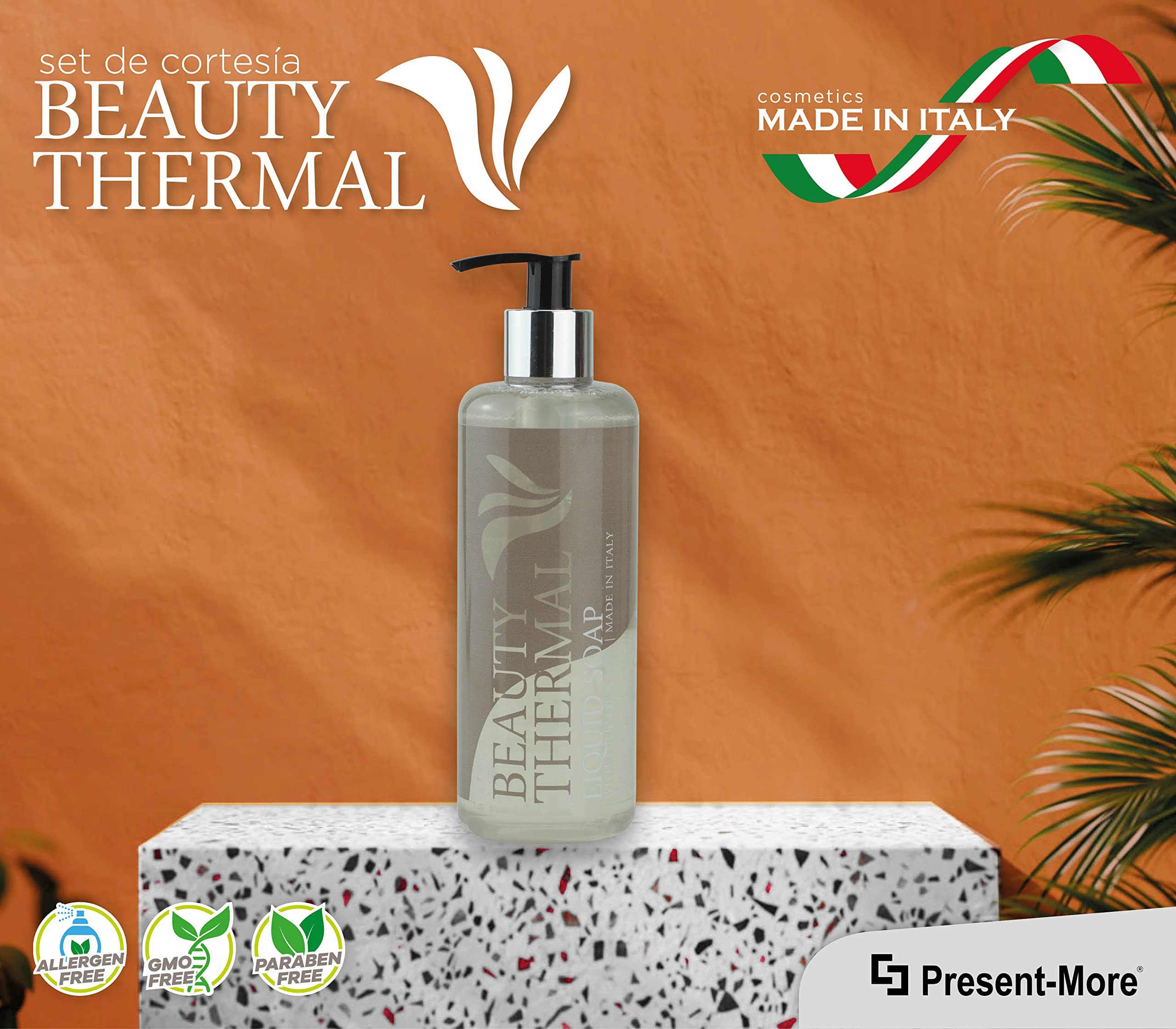 Present-More Jabon manos 300ml Beauty Thermal - Jabon líquido 15 unidades para Hoteles y B&B | Jabon líquido sin alérgenos con fragancia Arancia y Canela