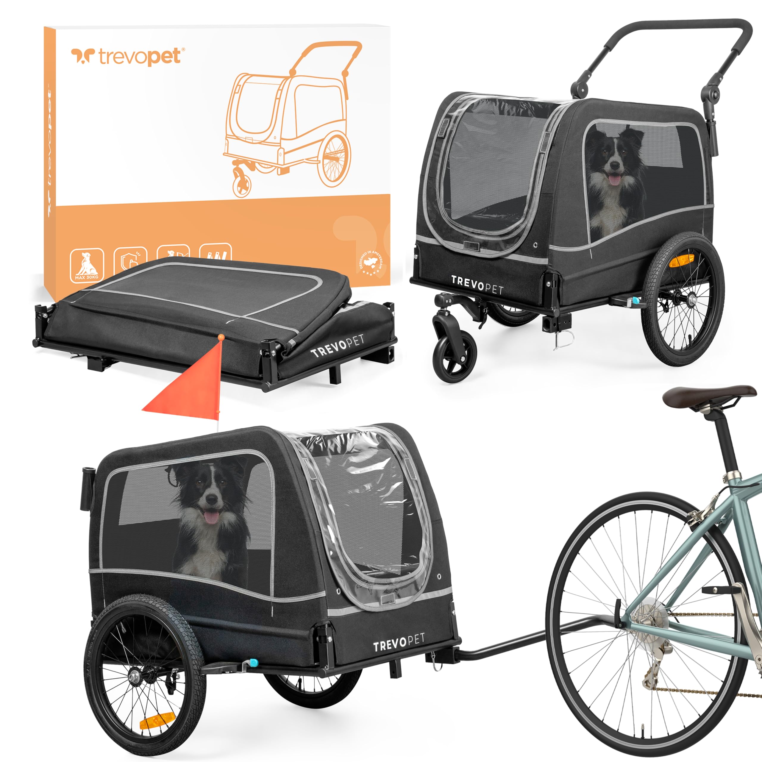 Rimorchio Bici Cani 2 in 1 – Carrello e Passeggino Pieghevole con Cuscino per Cani fino a 30 kg – Con Attacco, Bandierina, Compatibile con Bici Elettriche – Nero