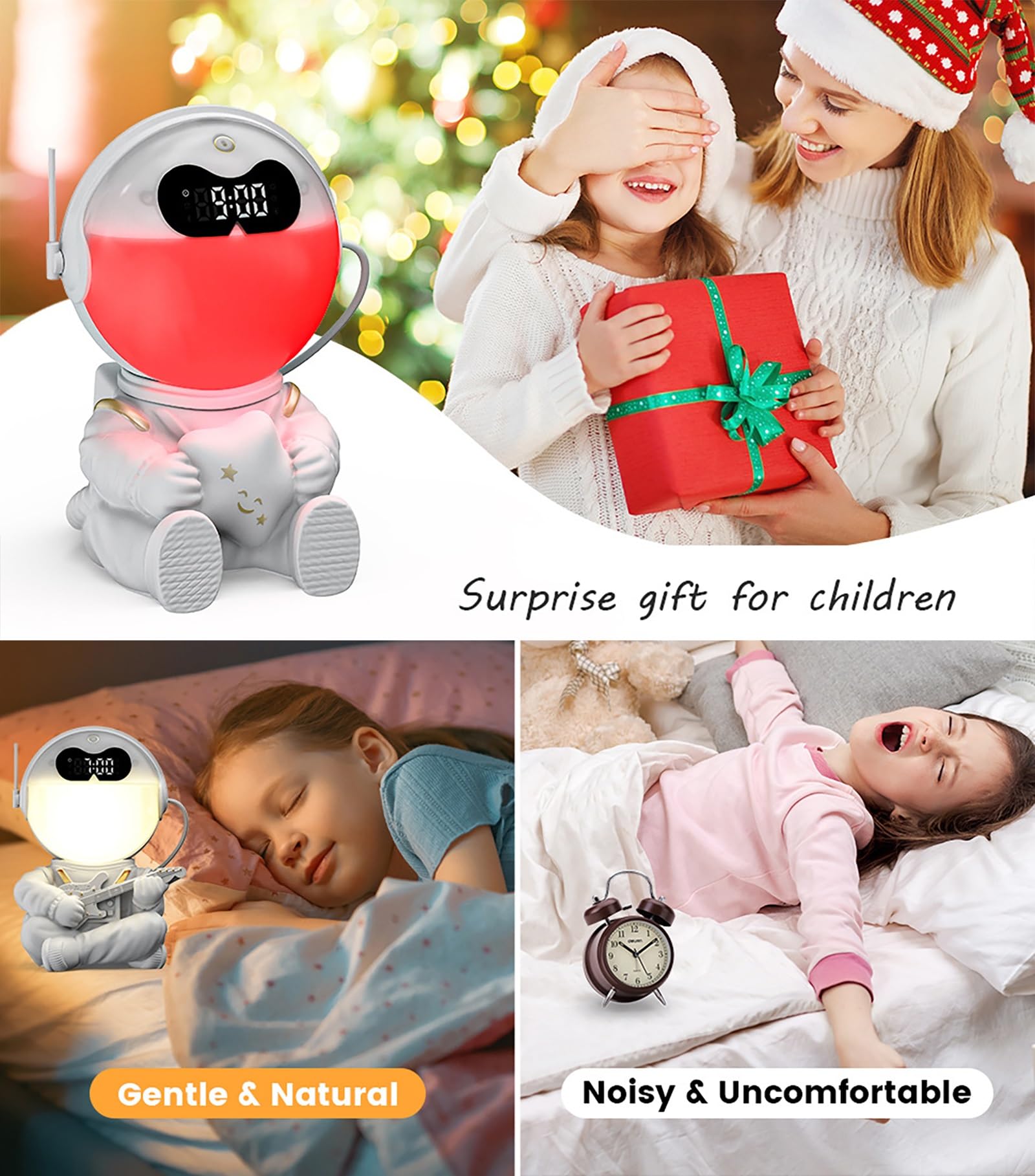 Astronaut Sunrise Wecker mit Bluetooth-Lautsprecher, Wecklicht für Das Schlafzimmer, Schlafhilfe-Nachtlicht & Dekoration, 10 Sounds & 7 Weiße Geräusche(A)