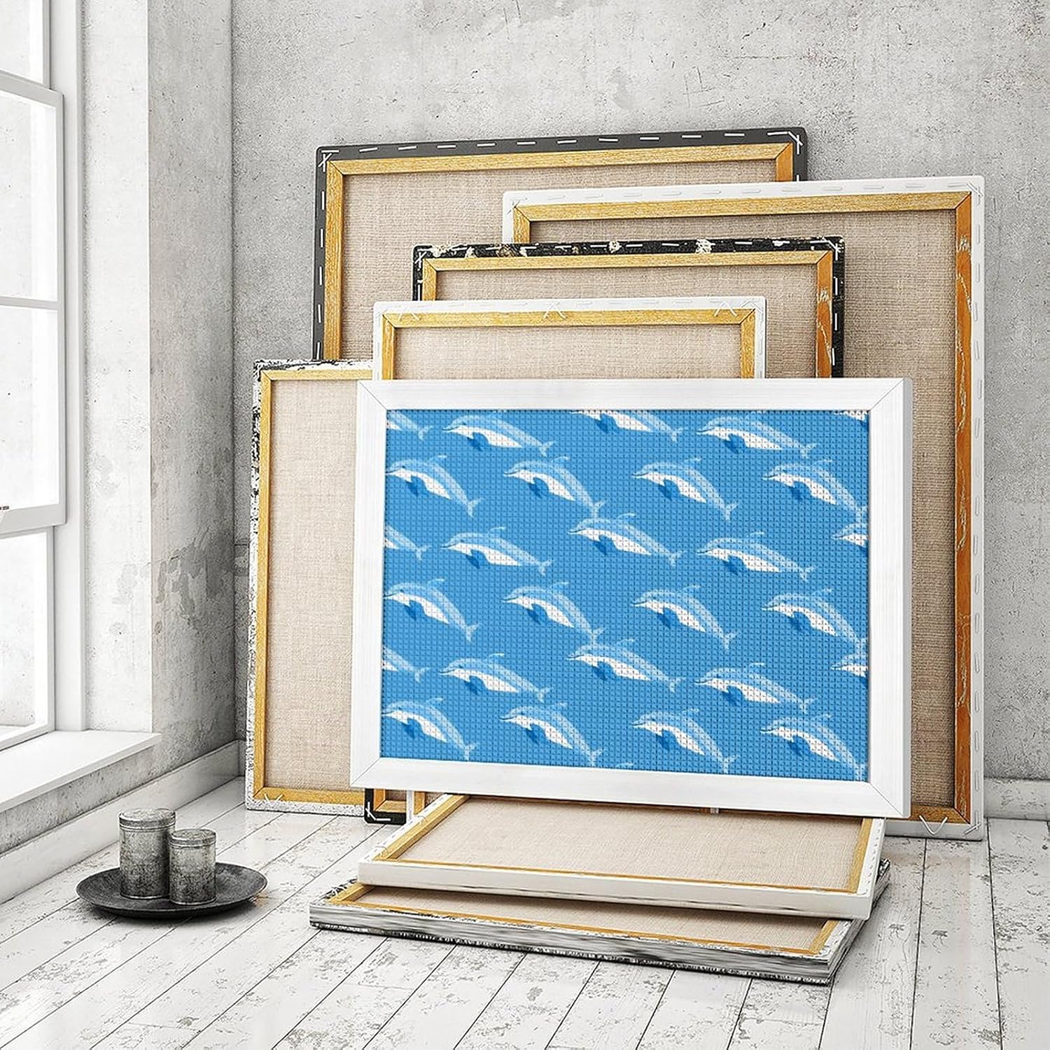 Dolphins Printed Diamond 5D Painting Kits DIY Full Drill Crafts for Home Wall Decor 16x20 Inch White Wood 50 * 40cm