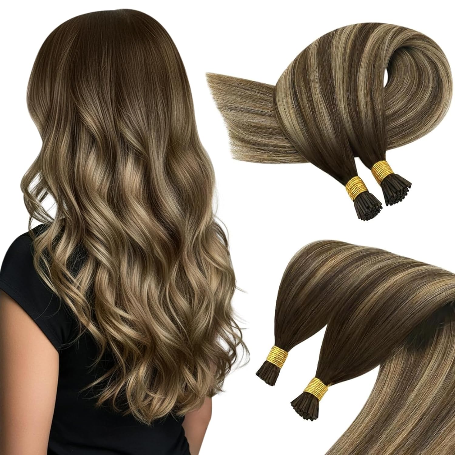 Sunny Hair I Tip Hair Extensions Human Hair 18inch I Tip Hair Extensions Medium Brown Balayage Caramel Blonde Mix Brown I Tips Hair Extensions Real Human Hair Straight Fusion Hair Extensions 50g