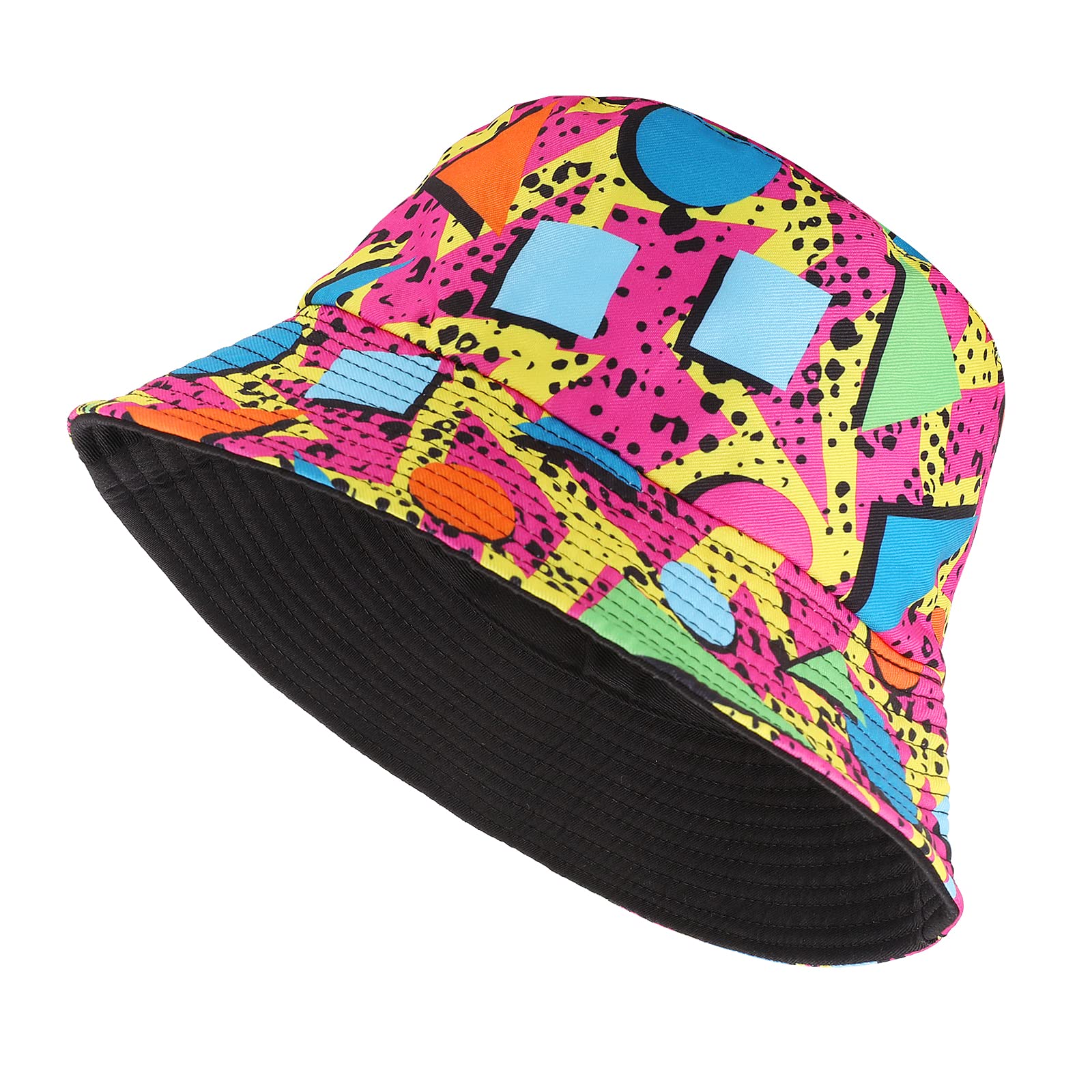 Lusofie Kapelusz typu bucket w stylu retro z lat 80. dla mężczyzn kobiet zabawny kapelusz disco typu bucket na dyskotekę hip-hop impreza dwustronna przenośna czapka z nadrukiem kapelusz rybaka dla