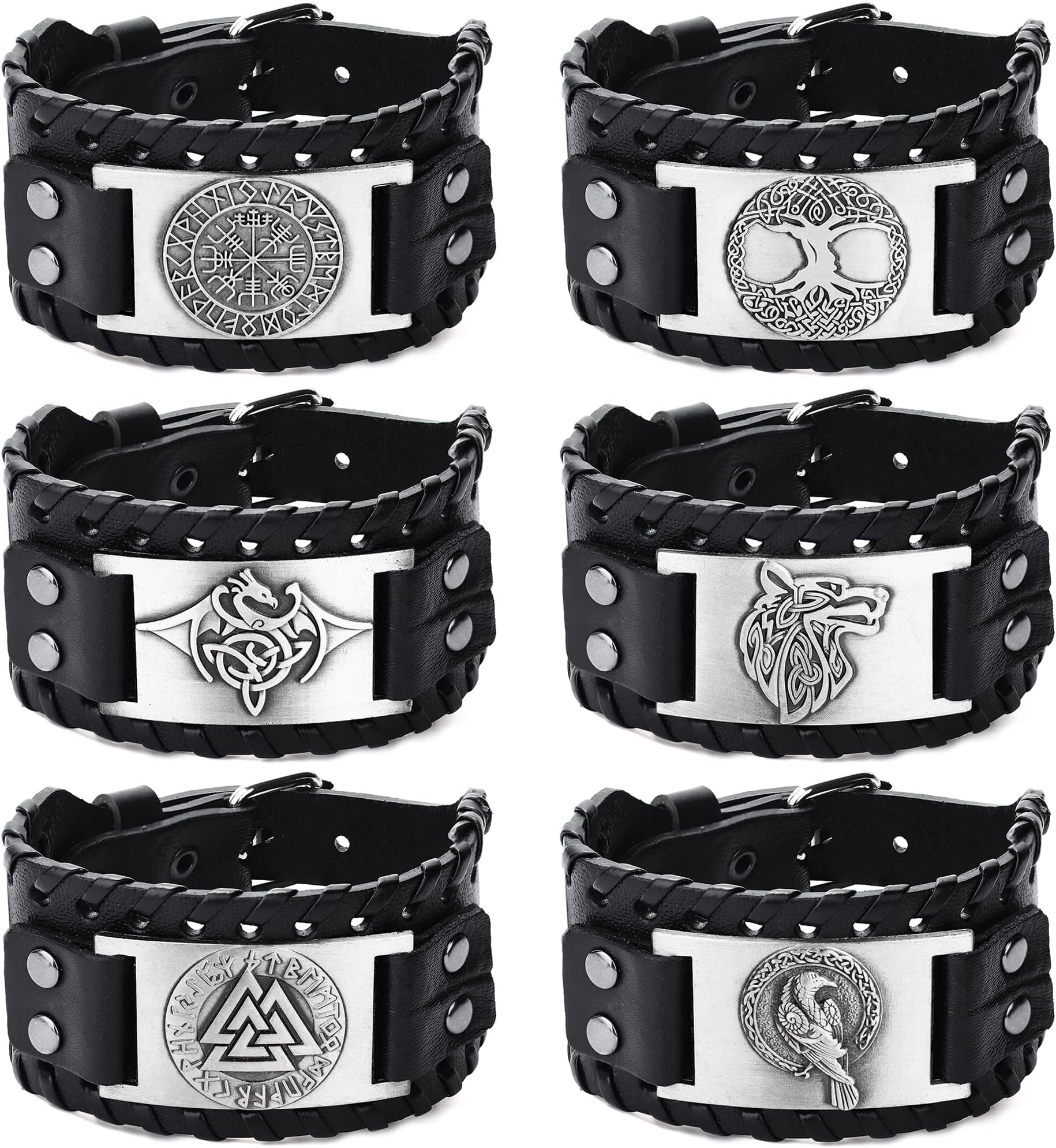 sailimue 6Pcs Viking Bracelet for Men Punk Wide Leather Cuff Bracelet Viking Jewelry Men Nordic Bracelet with Runic Compass Wolf Fenrir-Celtic Pagan Jewelry of Talisman, Leather, Cubic Zirconia