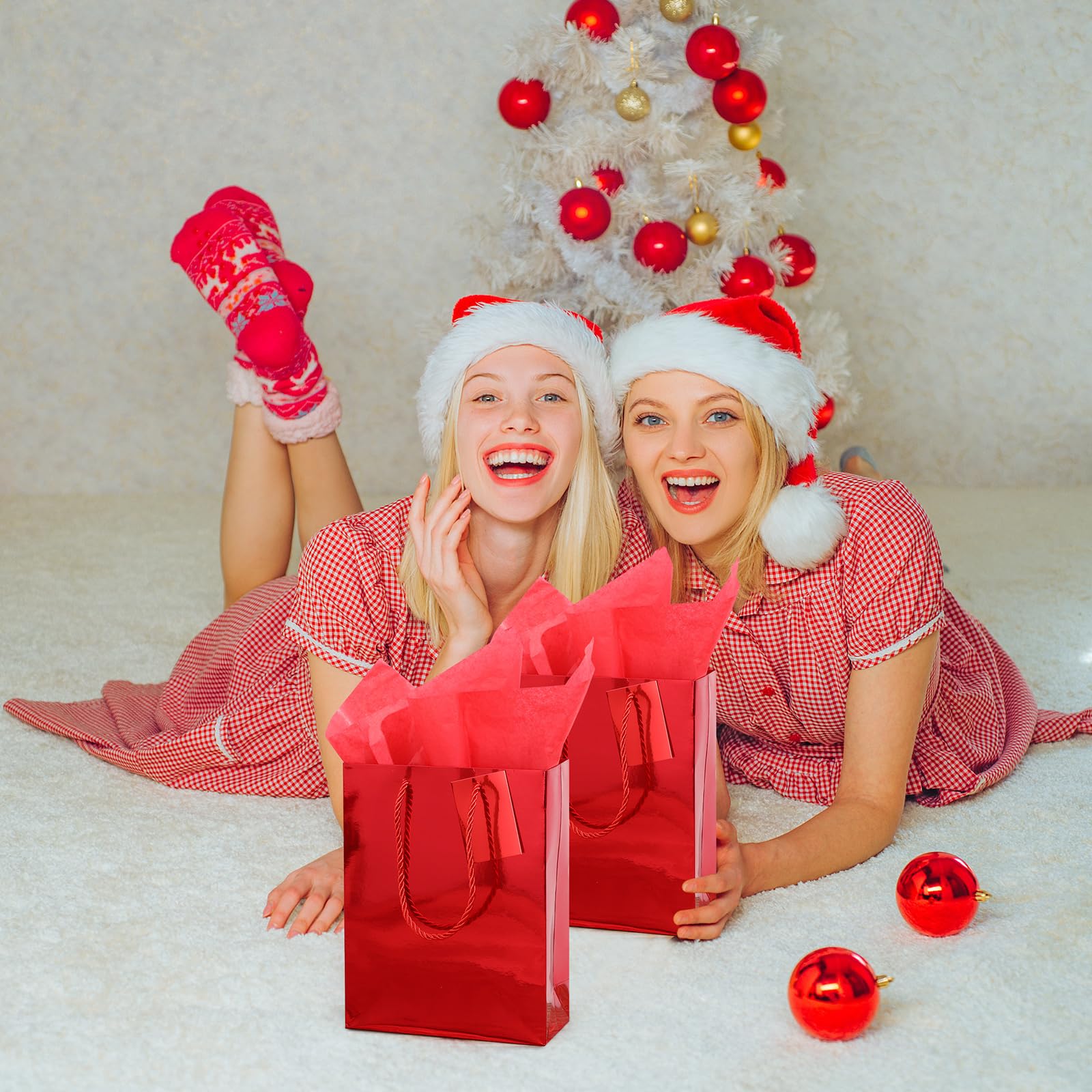 Tatuo 24 Set Small Gift Bags Metallic Paper Gift Bags with Tissue Paper Gift Bag with Handles Gift Bags for Wedding, Birthday, Party Supplies and Gifts(Red, 9 x 7 x 3.1 Inch)