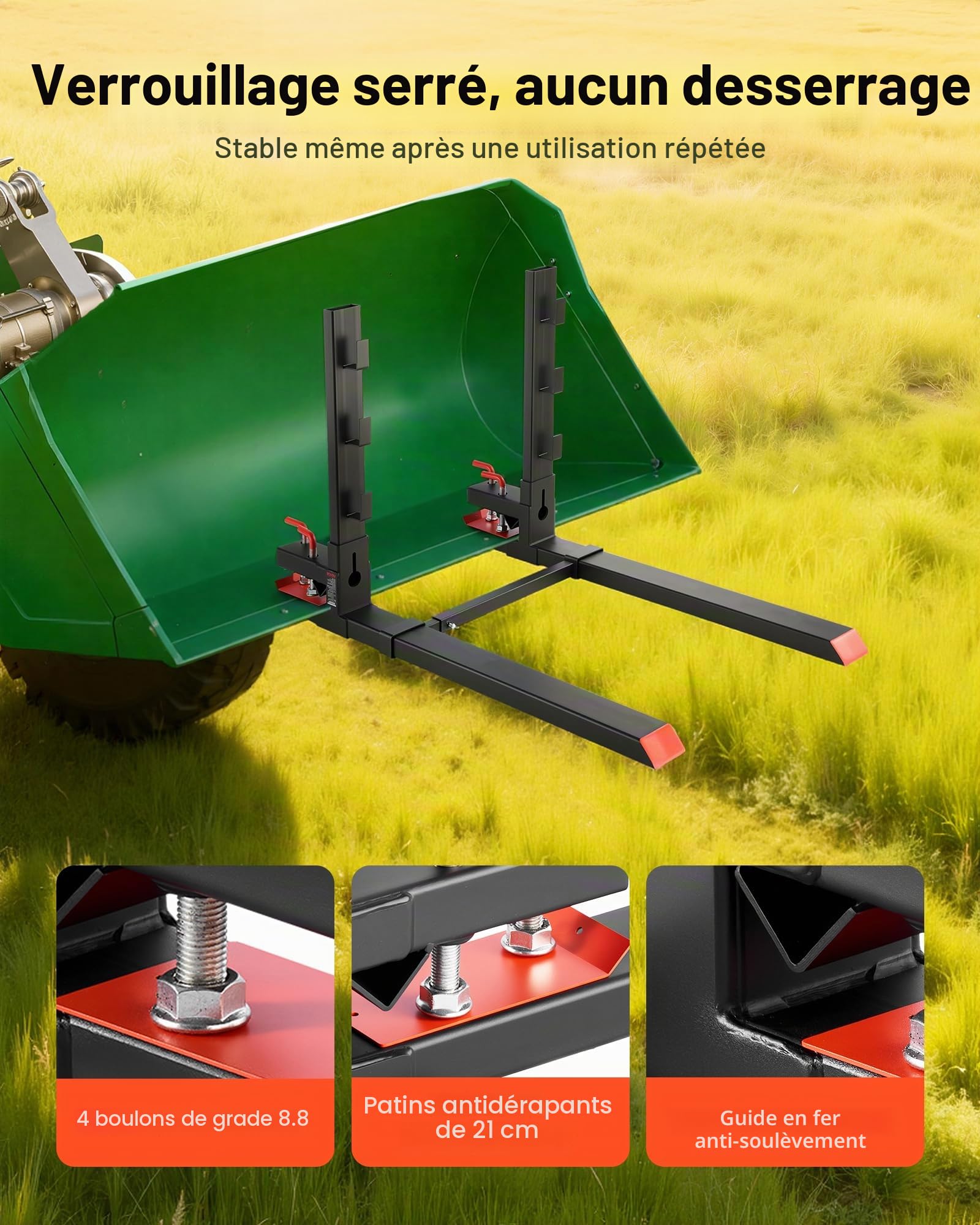 VEVOR Fourches à Palettes à Pince Charge 1814 kg Fourches à Godet Longueur 149 cm avec Anti-basculement, Barre Stabilisatrice Réglable, Compatible avec Godet de Chargeuses Compactes Tracteurs, Noir
