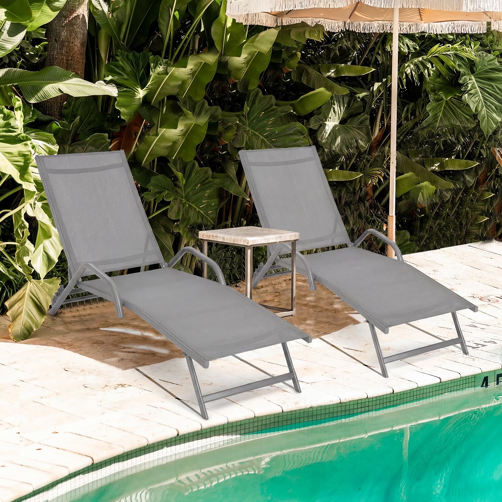 COSTWAY 2 Tumbonas Jardin Exterior, Reclinable en 5 Posiciones, Tela Transpirable, Tumbonas Liquidación Playa Jardin Piscina Exterior, 184,5 x 62 x 102,5 cm, Carga 160kg (Gris)