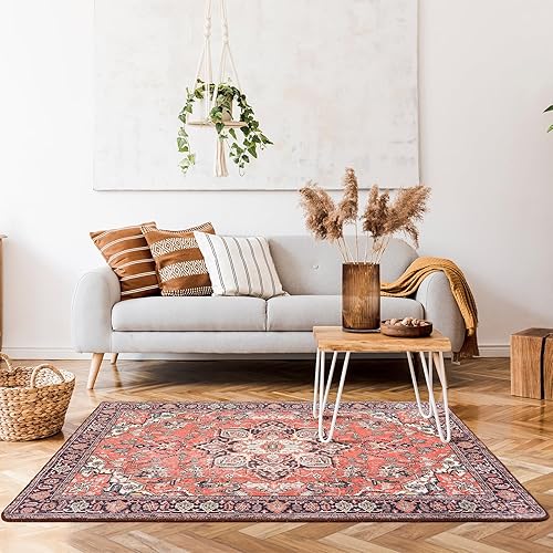 Miniatura 5 de Toneed Alfombra de área vintage, 4 x 6 pies, alfombra roja con parte trasera de goma, antideslizante, lavable para dormitorio, sala de estar,