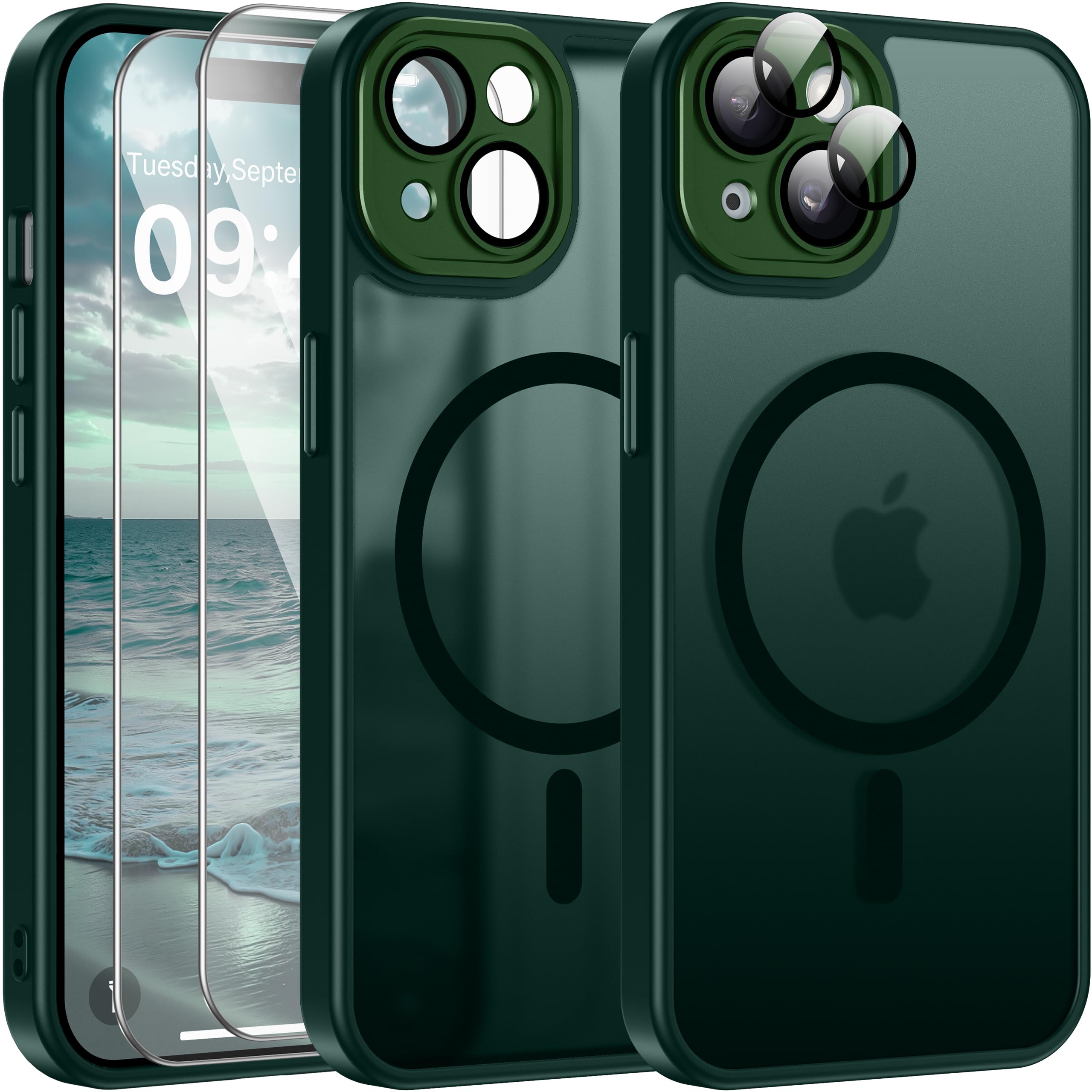 Opkiegrn für iPhone 15 Hülle, Kompatibel mit MagSafe mit 2 Stück Panzer Schutz Glas Folie, KameraSchutz Folie Stoßfest Kratzfest Transluzente Matt Handyhülle für iPhone 15, Dunkelgrün