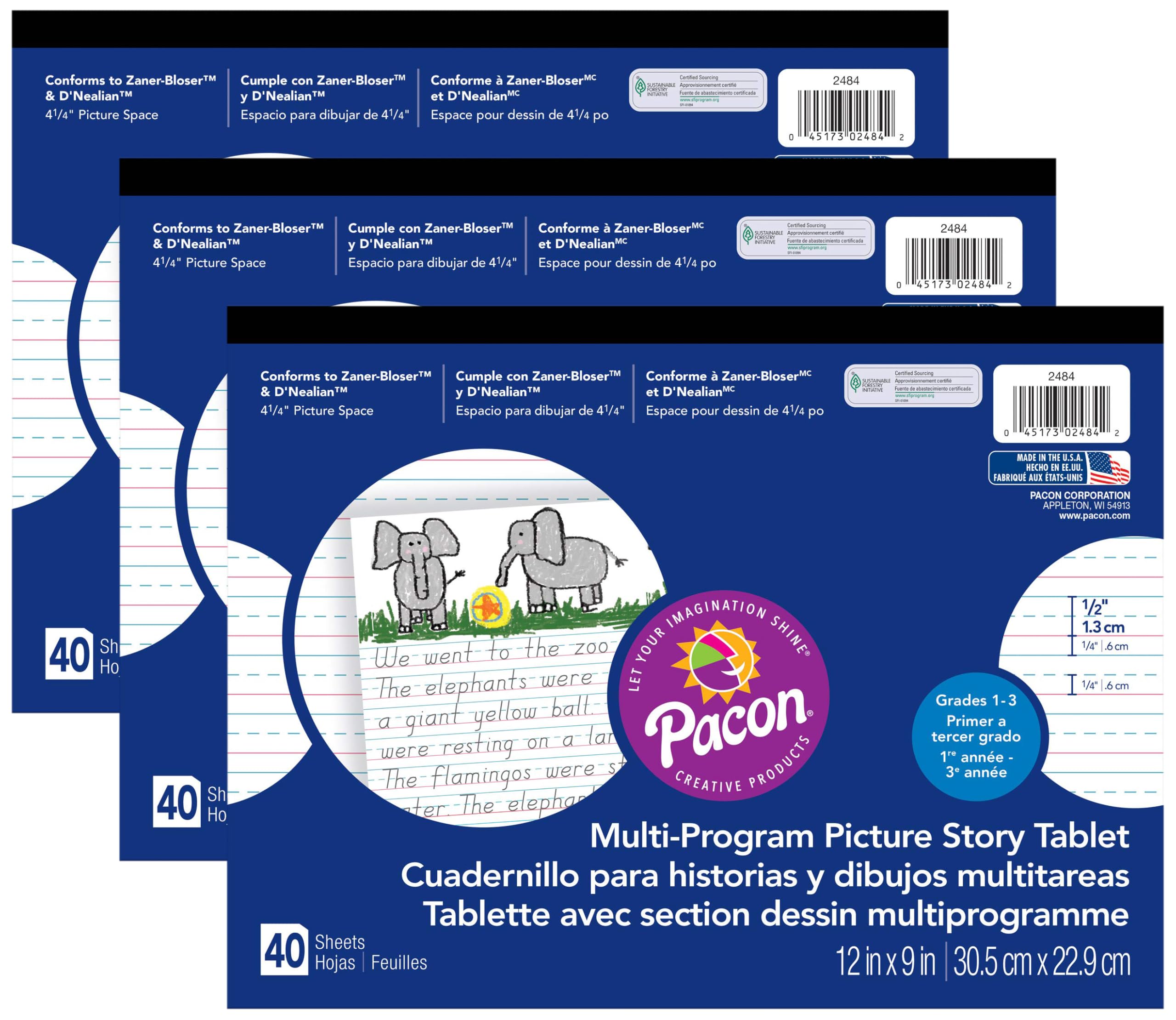 Pacon Handwriting Paper, D'Nealian Grades 1-3 / Zaner-Bloser Grade 2, 1/2" x 1/4" x 1/4" Ruled & 4-1/4" Picture Story Space 12" x 9", Ruled Long, 40 Sheets Red (Pack of 3)