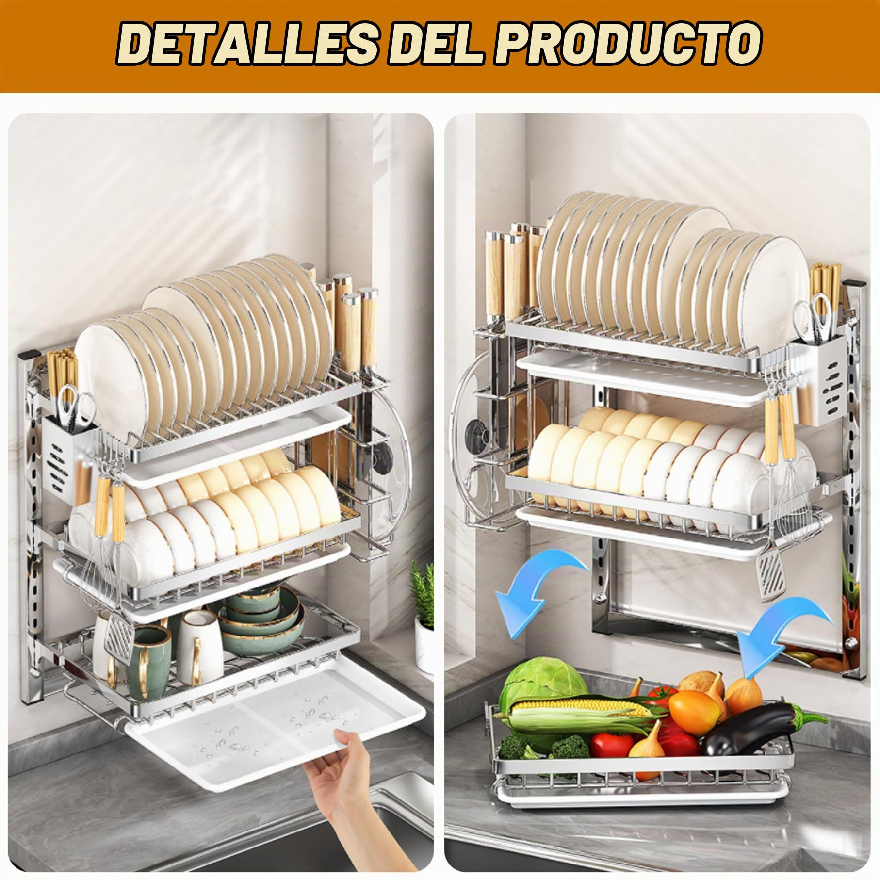 Yeory Artillo de Secado de Platos montados en la Pared, Estante de Secado de Plato de Acero Inoxidable de 3 Niveles, Estante de Secado para Platos Colgantes, lavador de Platos de Montaje en la Pared