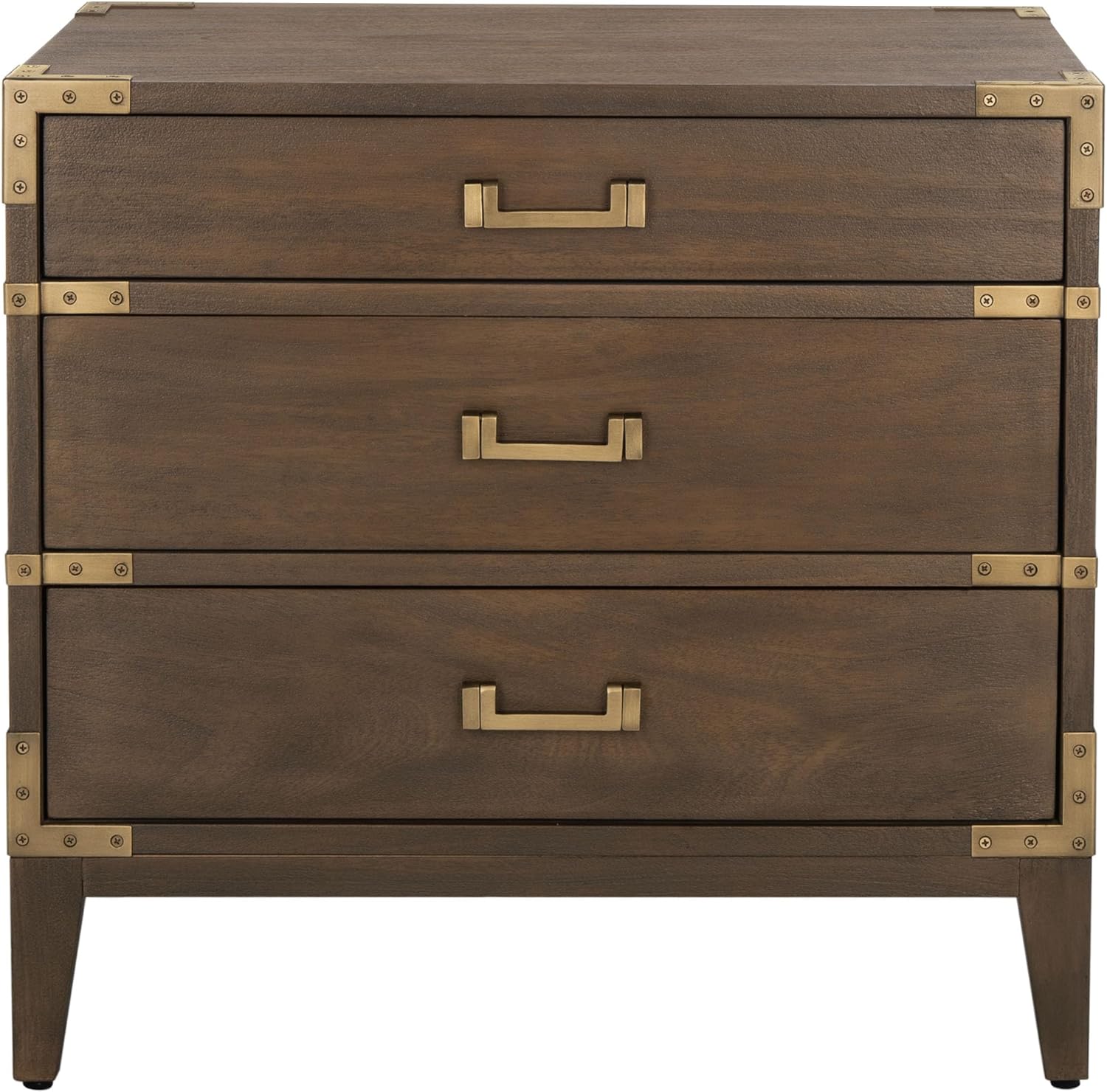 SAFAVIEH Couture Collection – Nisha Brown 3-Drawer Nightstand, Mahogany Veneer, Campaign-Style Storage Table, Fully Assembled (SFV7708A)