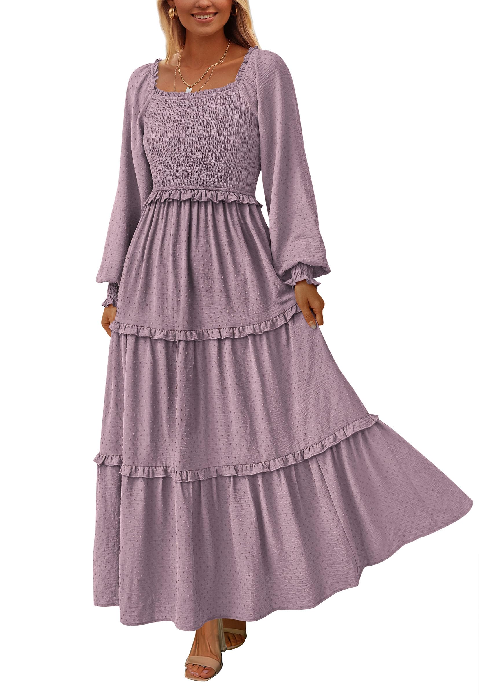 Photo 1 of PRETTYGARDEN Fall Dresses for Women 2026 Long Sleeve Smocked Square Neck Swiss Dot Tiered Flowy Wedding Guest Maxi Dress (Grey Purple,Small)