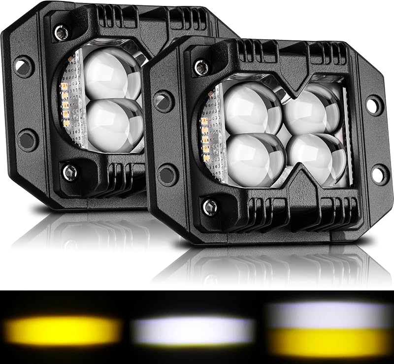 Faróis LED embutidos Jiqireng 80 W com lente 4D, luz branca e âmbar, modo estrobo e feixe lateral de 170° – Kit com 2 unidades