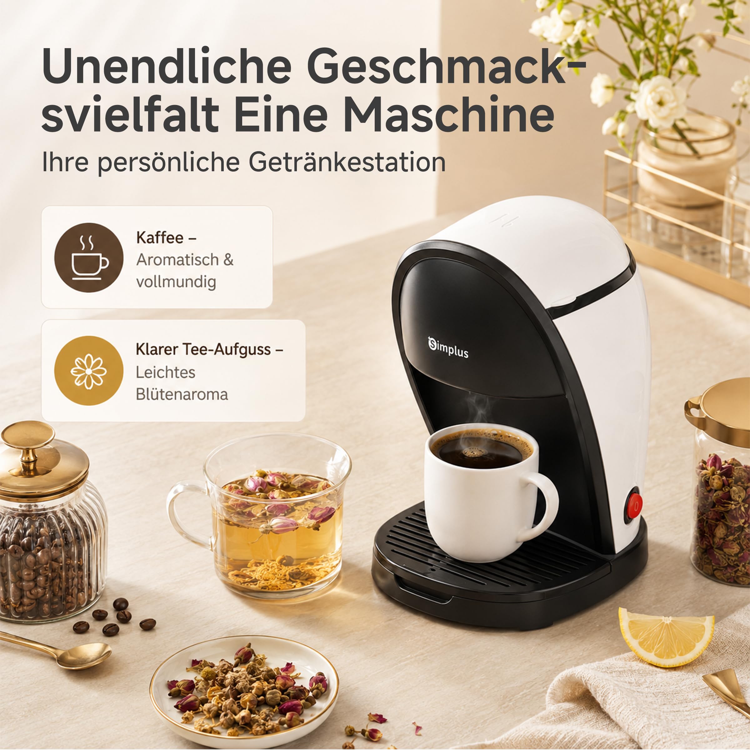 SIMPLUS Mini Filterkaffeemaschine für 2 Tassen, Kleine Kaffeemaschine mit Dauerfilter, 250ml Wassertank, 4-Minuten Brühzeit, Ein-Knopf Bedienung, Kompakte Kaffeemaschine für Büro, Küche