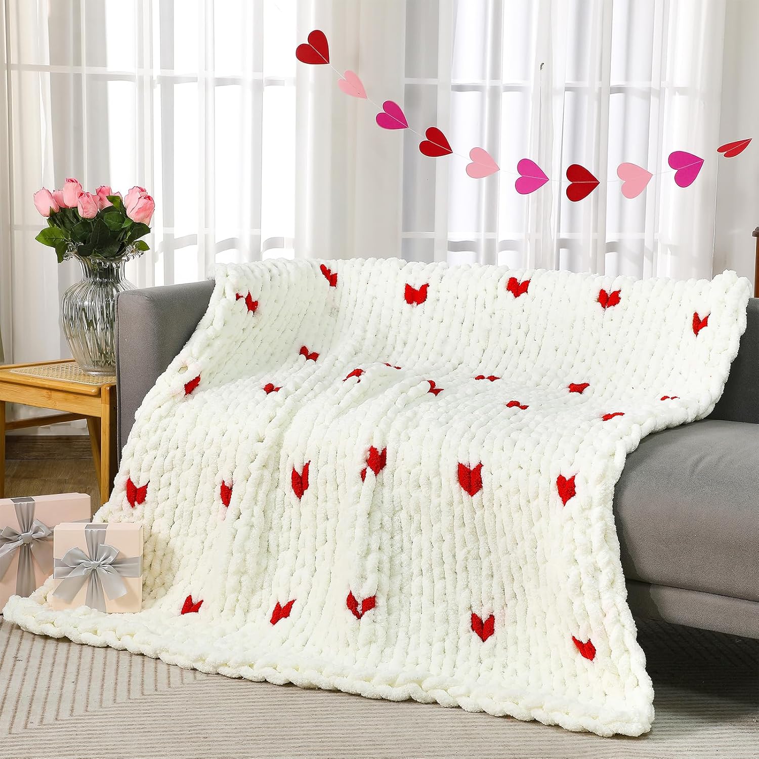Buryeah Valentine's Day Chunky Knit Blanket 50 x60 Soft Chenille Yarn Throw Heart Pattern Handmade Warm Thick Cable Knit Crochet Blanket Rope Knot Throw for Bed Sofa Couch Home Decor