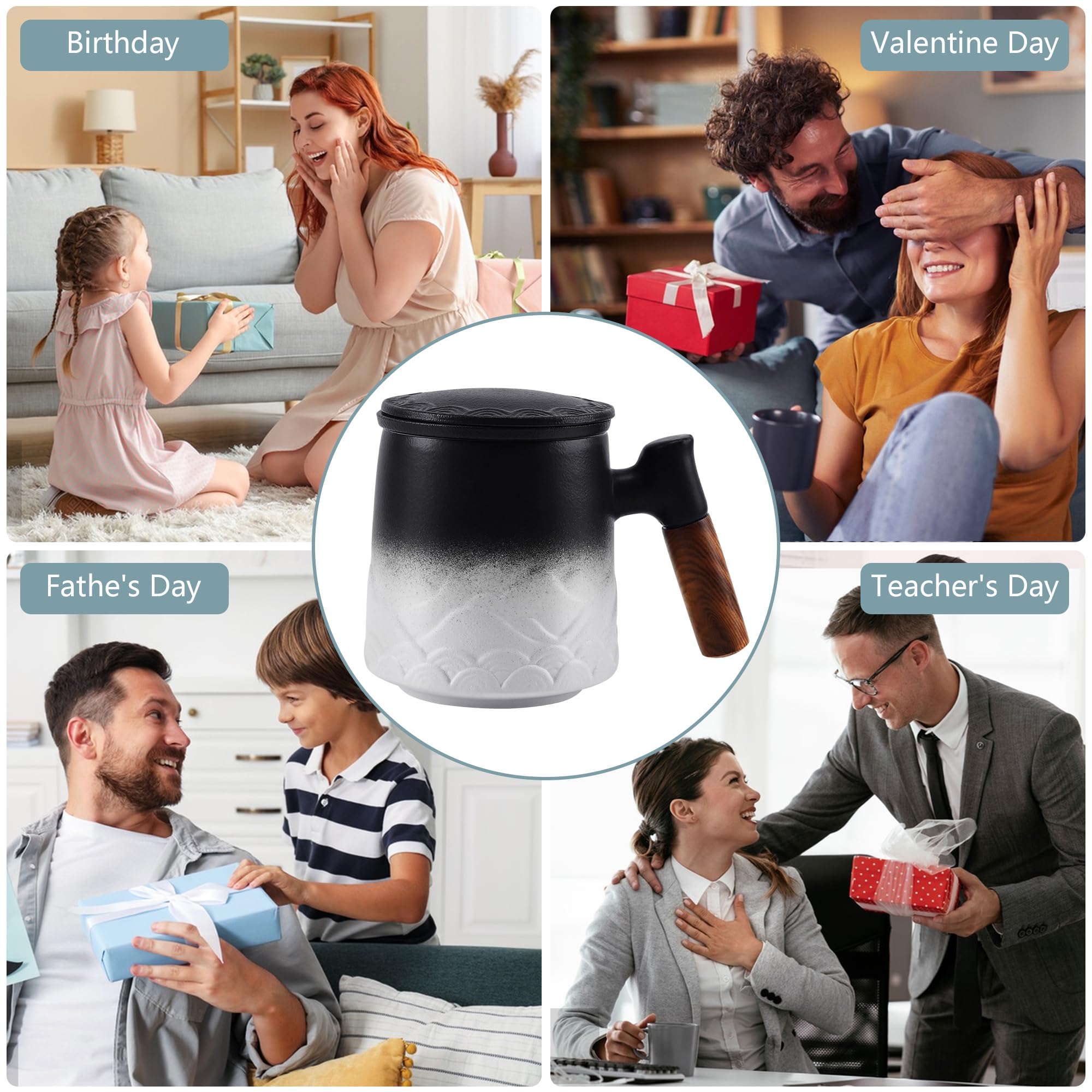 Tazza Tisana con Infusore e Coperchio 500ml, Tazze Ceramica con Filtro per Tisane Manico in Legno Regalo (Bianco)