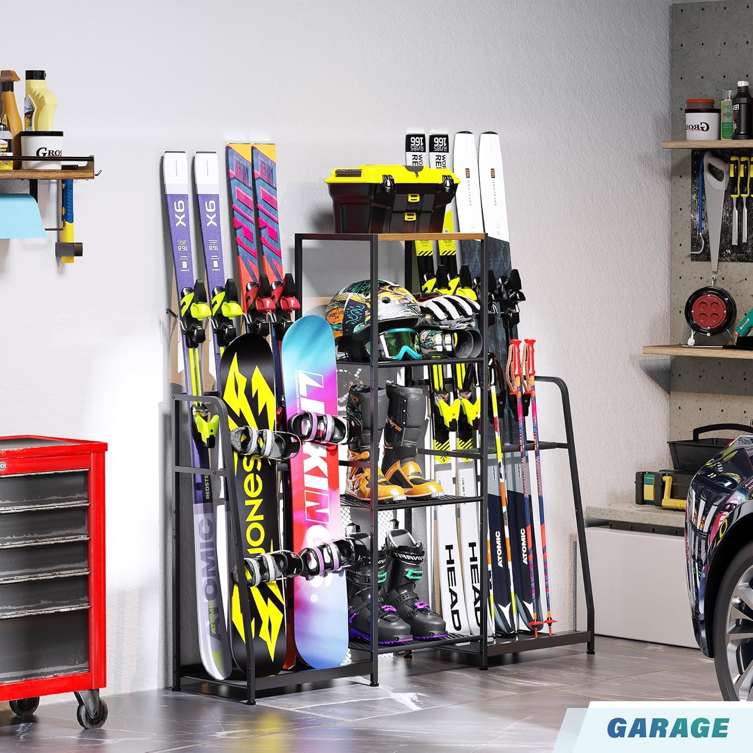 Skiständer, Freistehende Skihalter für die Garage, Stahl-Bodenständer Ski-Organizer für 4 Paar Ski, 3 Snowboards, Stiefel, Stöcke, Brillen, Helme, für Schuppen oder Keller(Beidseitiger Stil)