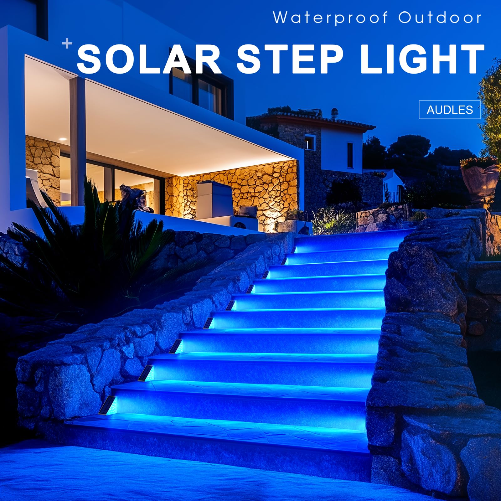 AUDLES 2 Stück Solar-Treppenlichter, Outdoor-Stufenlichter mit wasserdichter IP67, blaue LED-Solarleuchte für Außenbeleuchtung, Dekoration für Treppe, Deck, Vordertritt, Veranda, Terrasse und