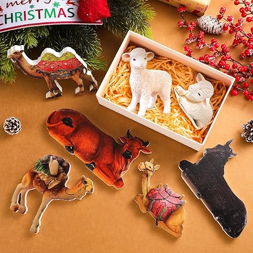Miniatura 3 de Menkxi Juego de 7 piezas de animales de natividad de Navidad, escena de pesebre de animales de madera, camel, oveja, burro, vaca, belén, estatuilla