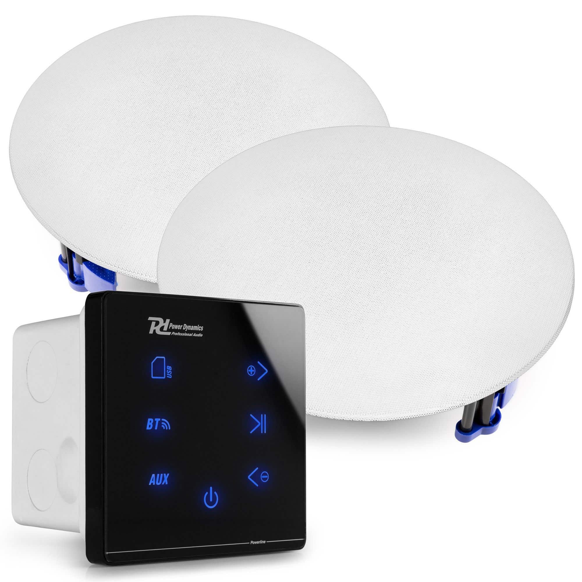 Power Dynamics Powerline A50BSET Kit Amplificador 2 x 20 W con Altavoces de Techo, Receptor inalámbrico Bluetooth, USB y Micro SD, Pantalla táctil, Incluye Mando a Distancia