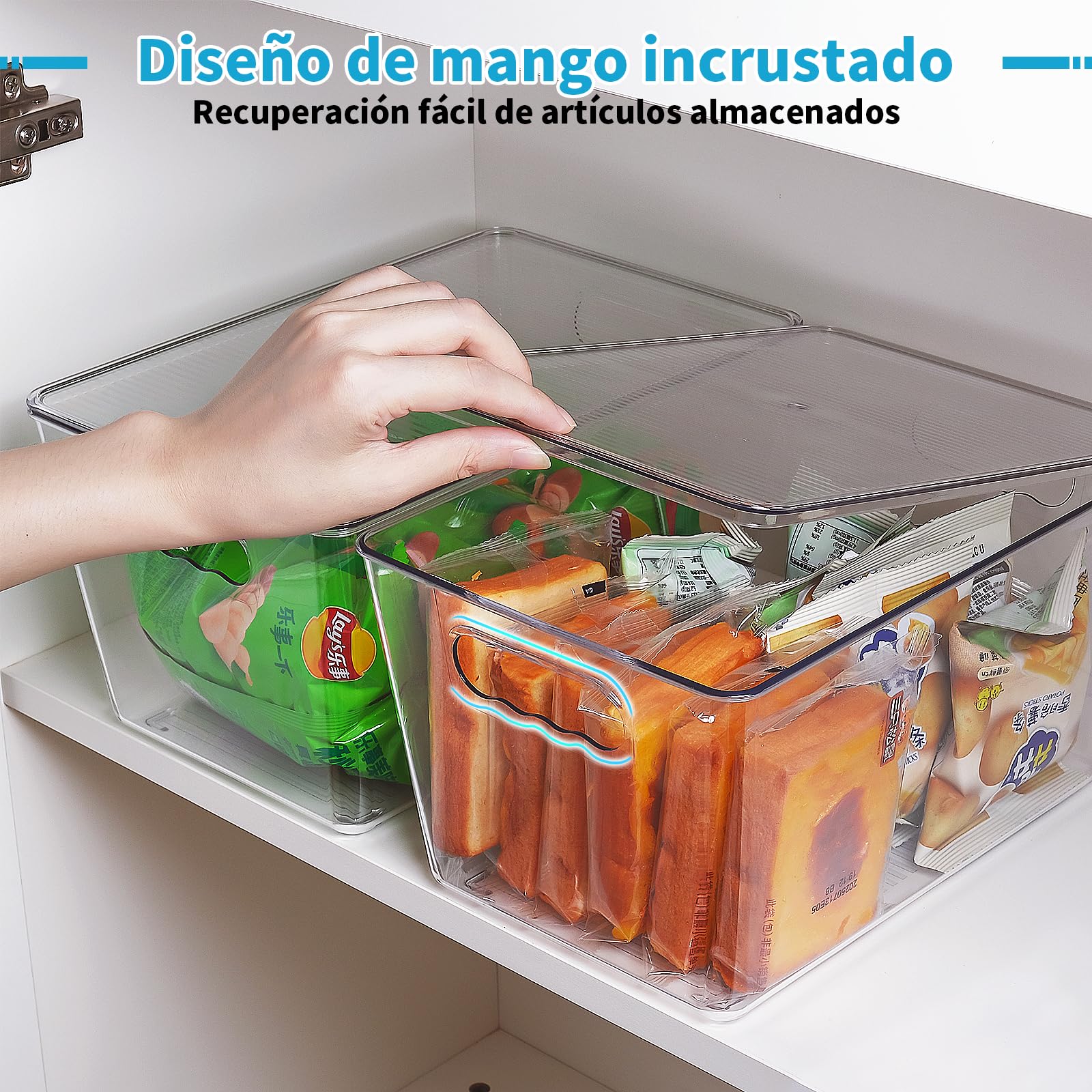 Paquete de 6 contenedores de almacenamiento transparentes con tapa, apilables y con asas fáciles de agarrar para armarios de cocina, despensa, refrigerador y congelador