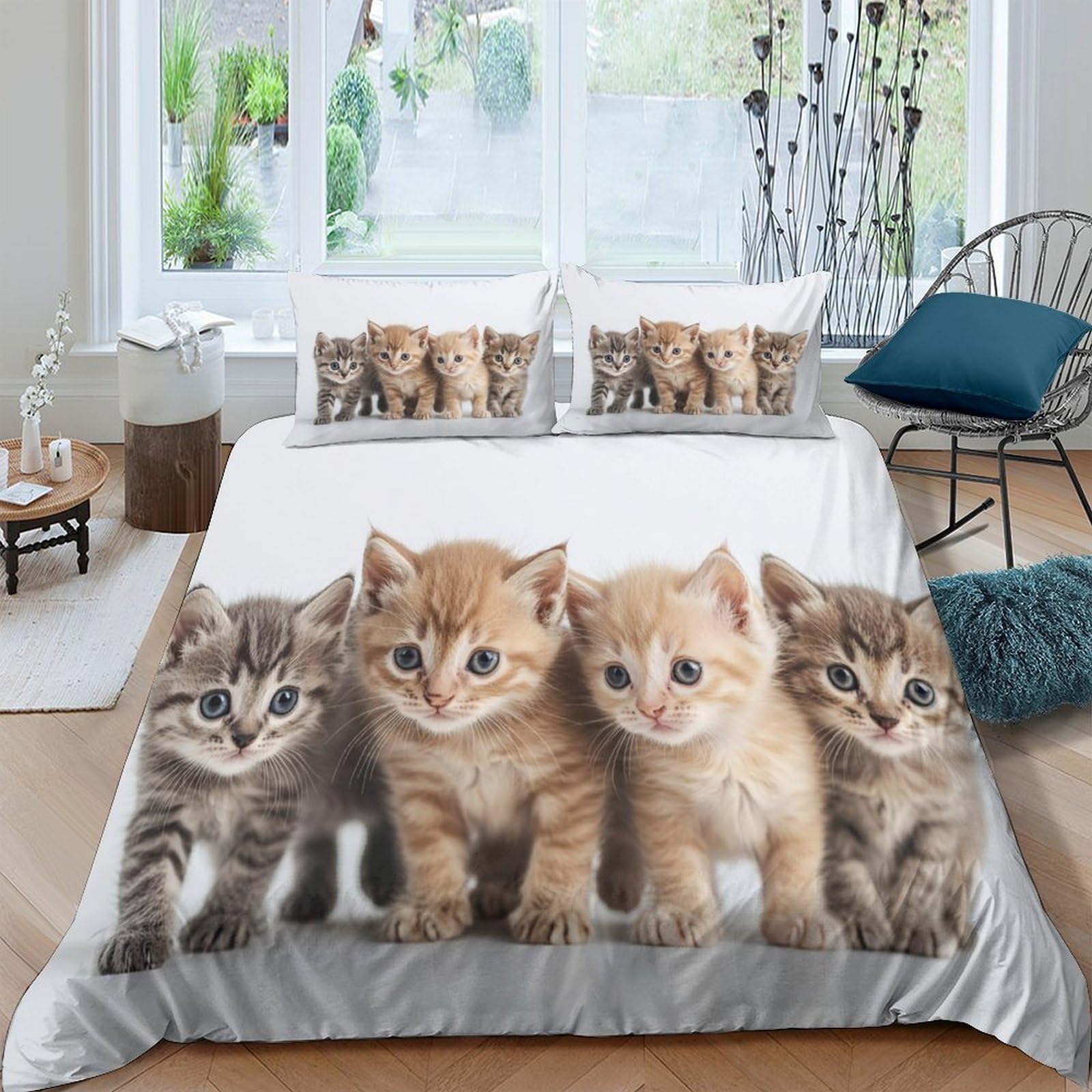 TUFRTGYHN 3D Printed Cute Kittens Duvet Cover Microfiber Soft Breathable Cat Family Bedding Set with 2 Pillowcases for Bedroom Decor Single（135x200cm）