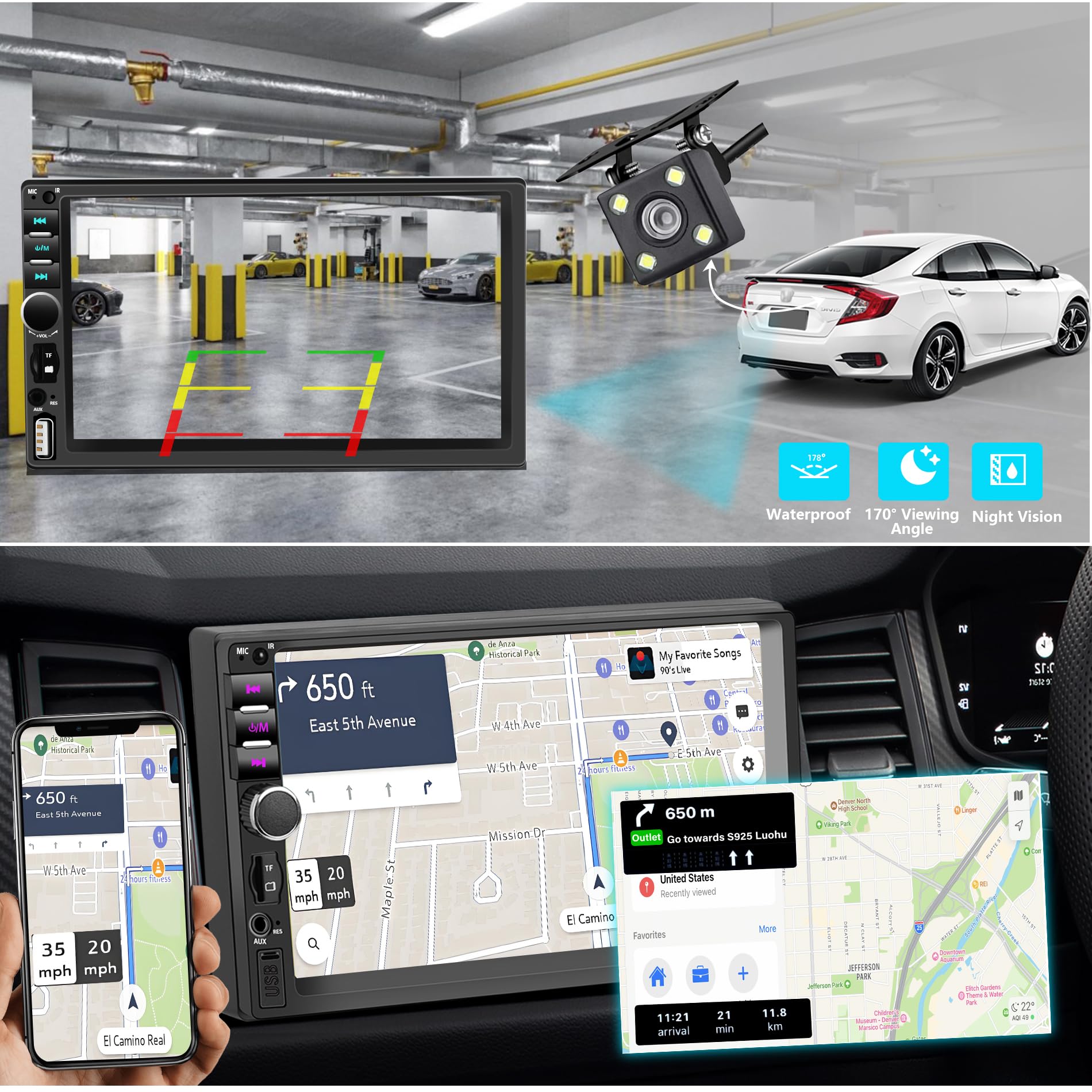 Radio de Coche Bluetooth 2 DIN con Carplay y Android Auto, 7 Pulgadas con Pantalla táctil 1080P Car Stereo soporta Manos Libres/FM/Mirror Link/Wheel Control/USB Port/AUX/EQ/TF/WMA (sin cámara trasera)