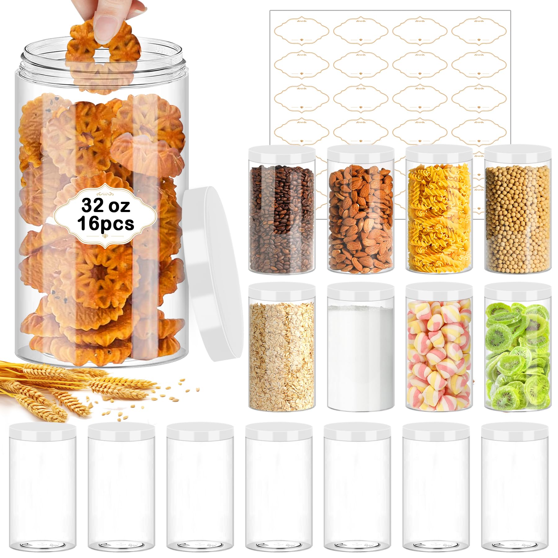 PeacePeo 32 OZ Plastic Jars with Lids, 16 Pack Large Storage Containe