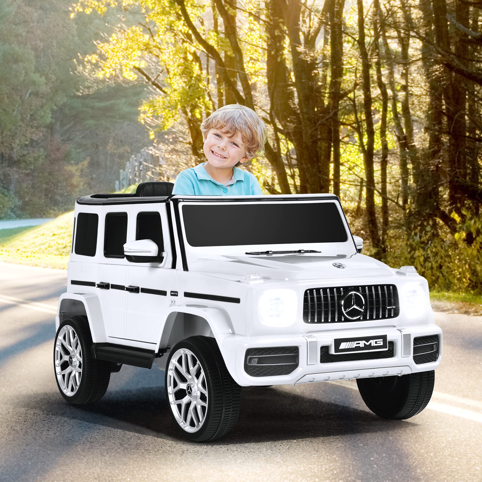 DREAMADE 12V Mercedes-Benz Elektroauto mit Fernbedienung & Sicherheitsgurt für Kinder ab 3 Jahren - LED-Lichter, Musik, USB, Hupe (Weiß)