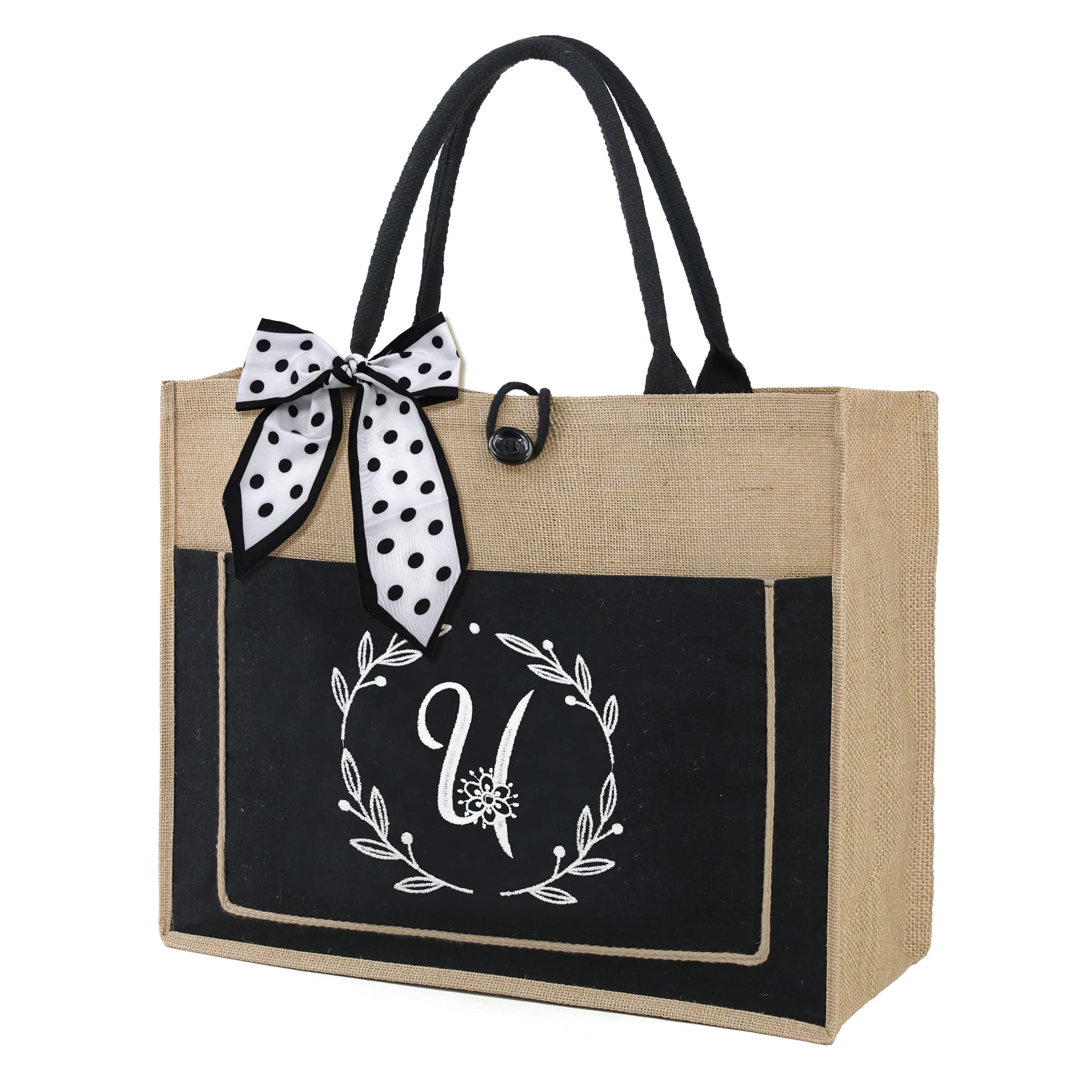 BeeGreenBeach Bag Burlap Bags w Inner Zipper Pocket And Canvas Front Pocket Embroidery Monogrammed Jute Birthday Gifts
