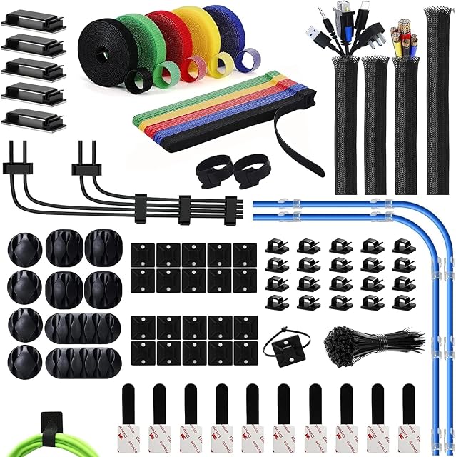 219pcs Cable Management Kit 4 Wire Organizer Sleeve, 20 Cable Holder, 40 Cord Clips and 30+5 Roll Multi-Color Self Adhesive Cable Organizer Straps and 100 Fastening Cable Ties for TV Office Home