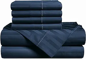 Casa Platino 100% Egyptian Cotton Sheets Full Size Set - 6 Pieces - Damask Stripe- Ultra Smooth Sateen Weave Bed Sheets Set with 15" Deep Pockets - Navy Blue