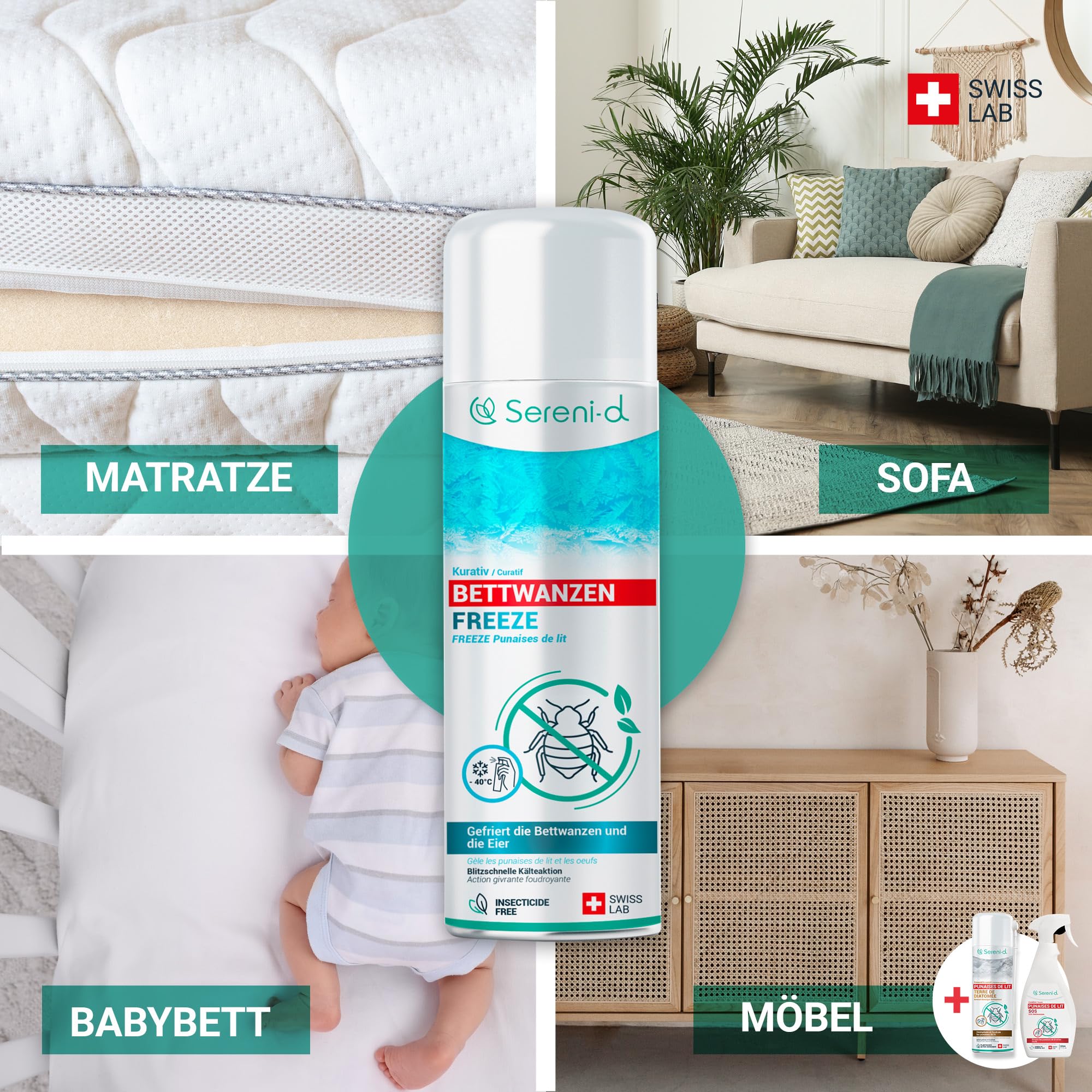 SERENI-D - Anti-Bettwanzen-Spray FREEZE – FREEZE-Aktion, sofort wirksam zur Bekämpfung von Bettwanzen - effektives Mittel gegen Bettwanzen – Swiss Lab