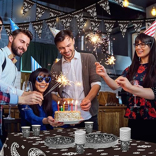 Miniatura 6 de 123 piezas de decoración de fiesta de vaquero occidental, incluye 1 mantel de plástico con estampado de cachemira, 2 banderines, 60 platos de papel