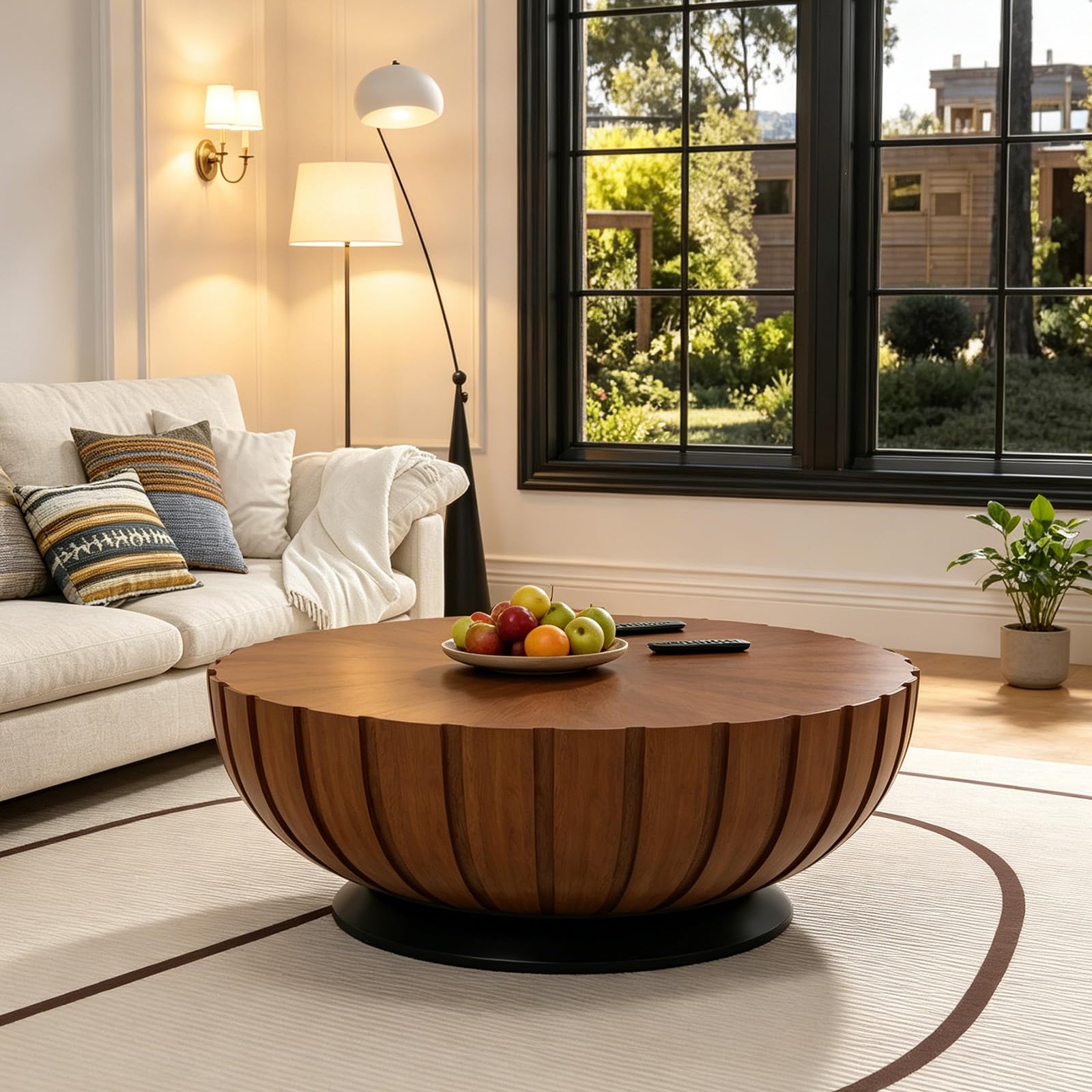 DYHQQ Round Fluted Coffee Table with Sturdy Pedestal Base