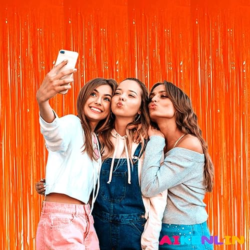 Miniatura 5 de Paquete de 4 cortinas de flecos de papel de aluminio naranja, 3.2 x 9.8 pies, cortinas de flecos metálicos de oropel para fiestas, cabina de fotos,