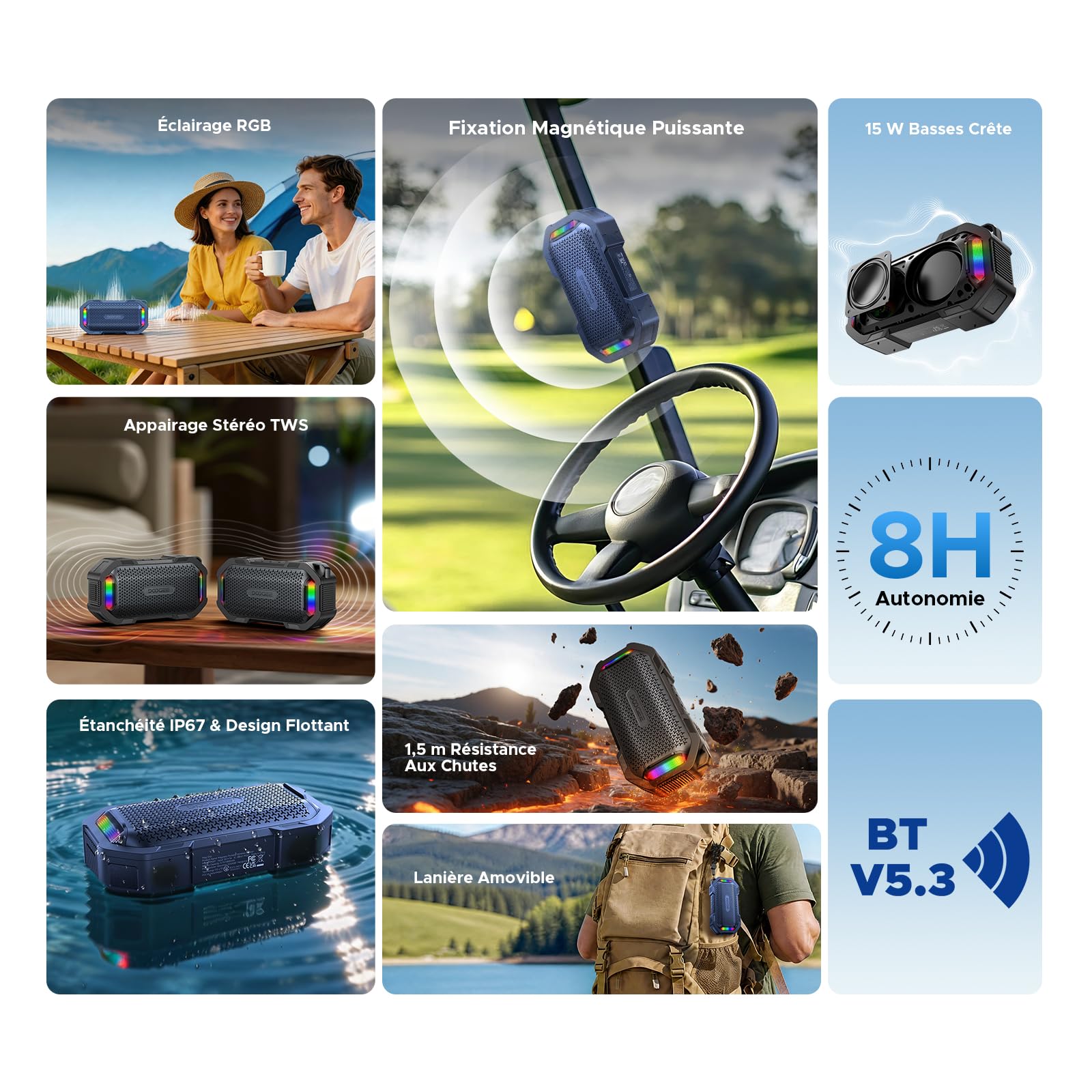 Enceinte Bluetooth Portable Puissante avec Magnétique, TWS Stéréo, 10 Modes RGB, IP67 Etanche, Enceinte d’extérieur Ultra-Portable avec Son Haute Fidélité, pour Fête, Vélo (Bleu)
