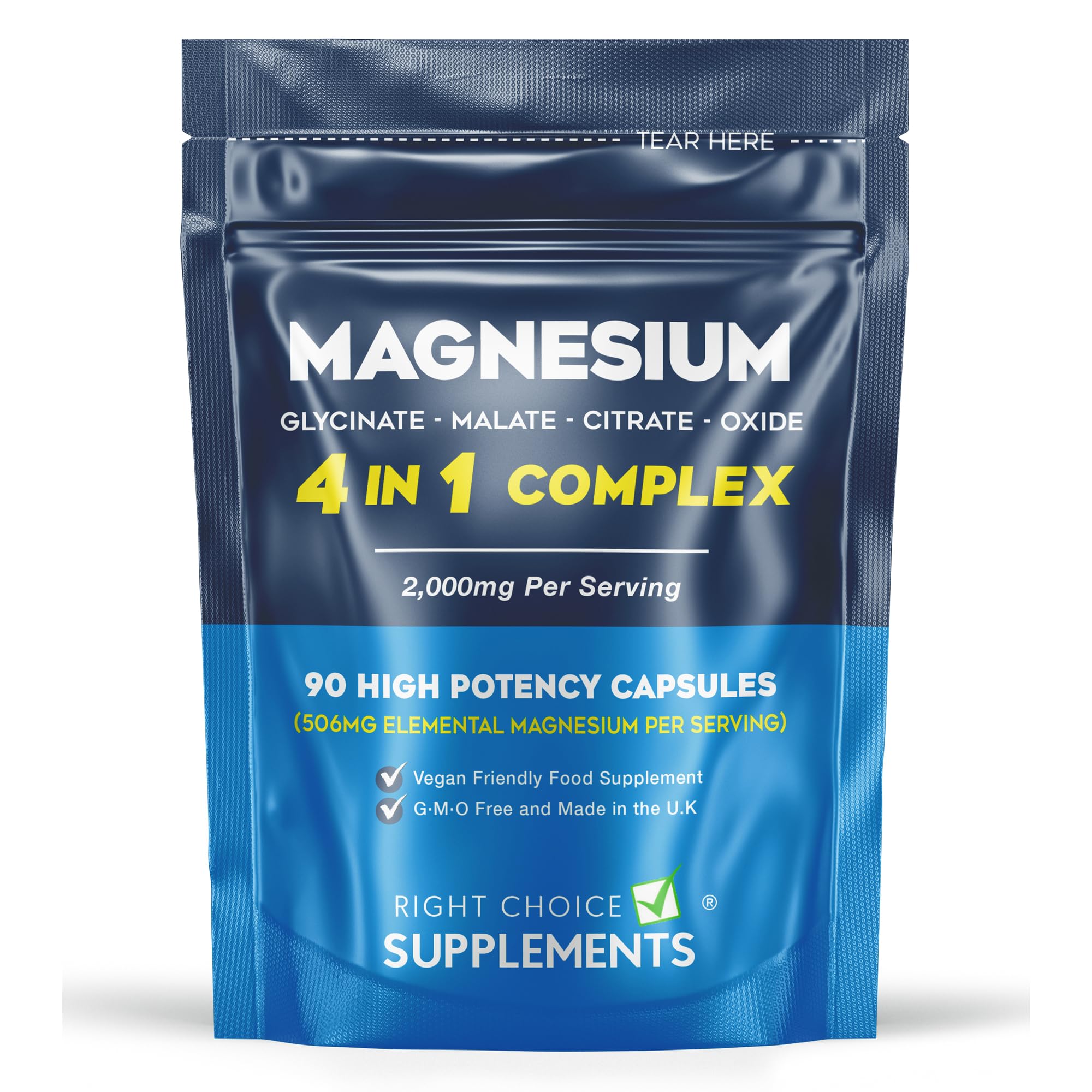 Magnesium Glycinate 4-in-1 Complex | 2000mg Per Serving as Bisglycinate, Malate, Citrate & Oxide | Quadruple Absorption 506mg Elemental | 90 High Strength Vegan Capsules | UK Made