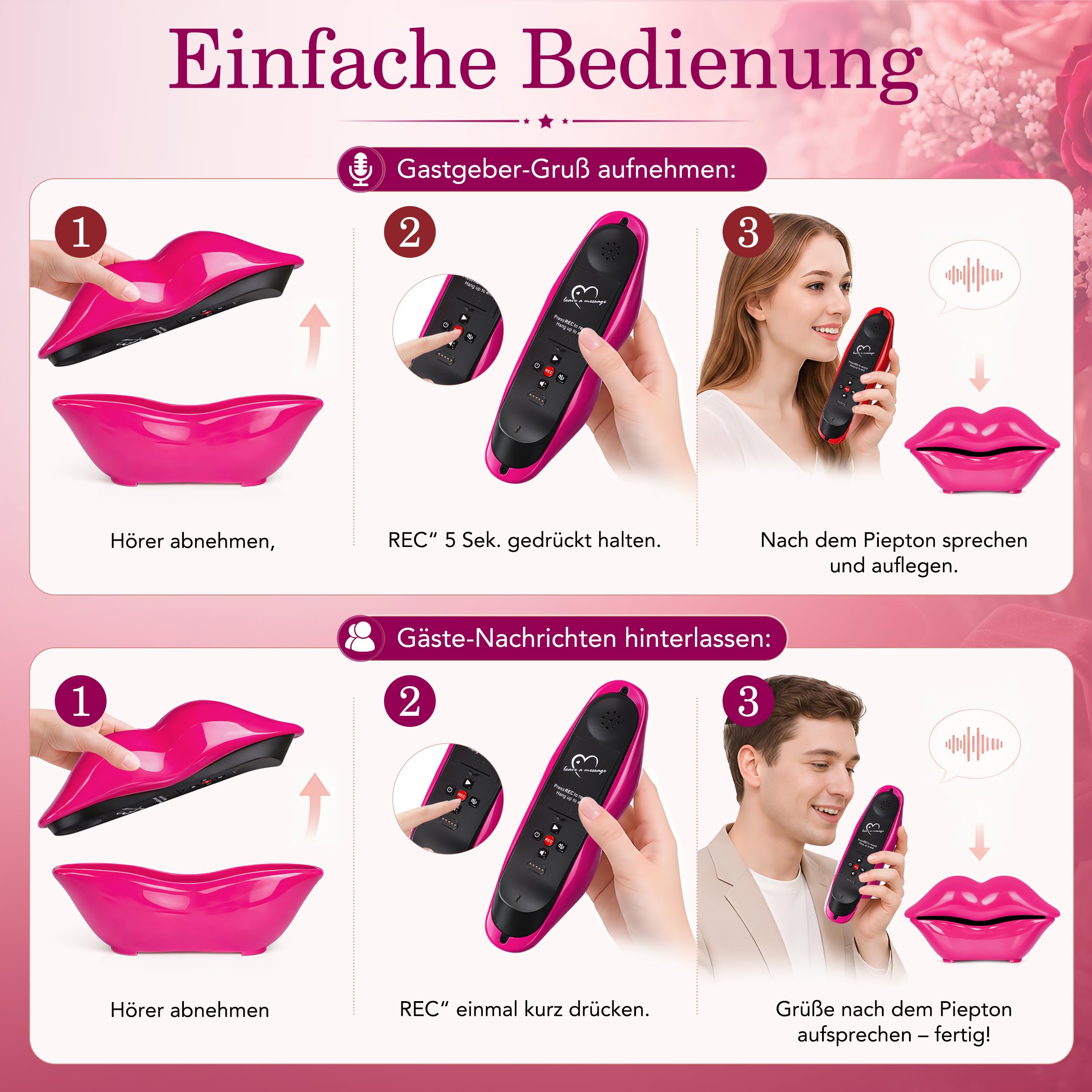RDYMONKEY Audio-Gästebuch Hochzeit, Retro-Telefon für persönliche Sprachnachrichten, kreative Gästebuch-Alternative für Hochzeit, Party & Geburtstag, 8 GB Speicher (Rosenrot)