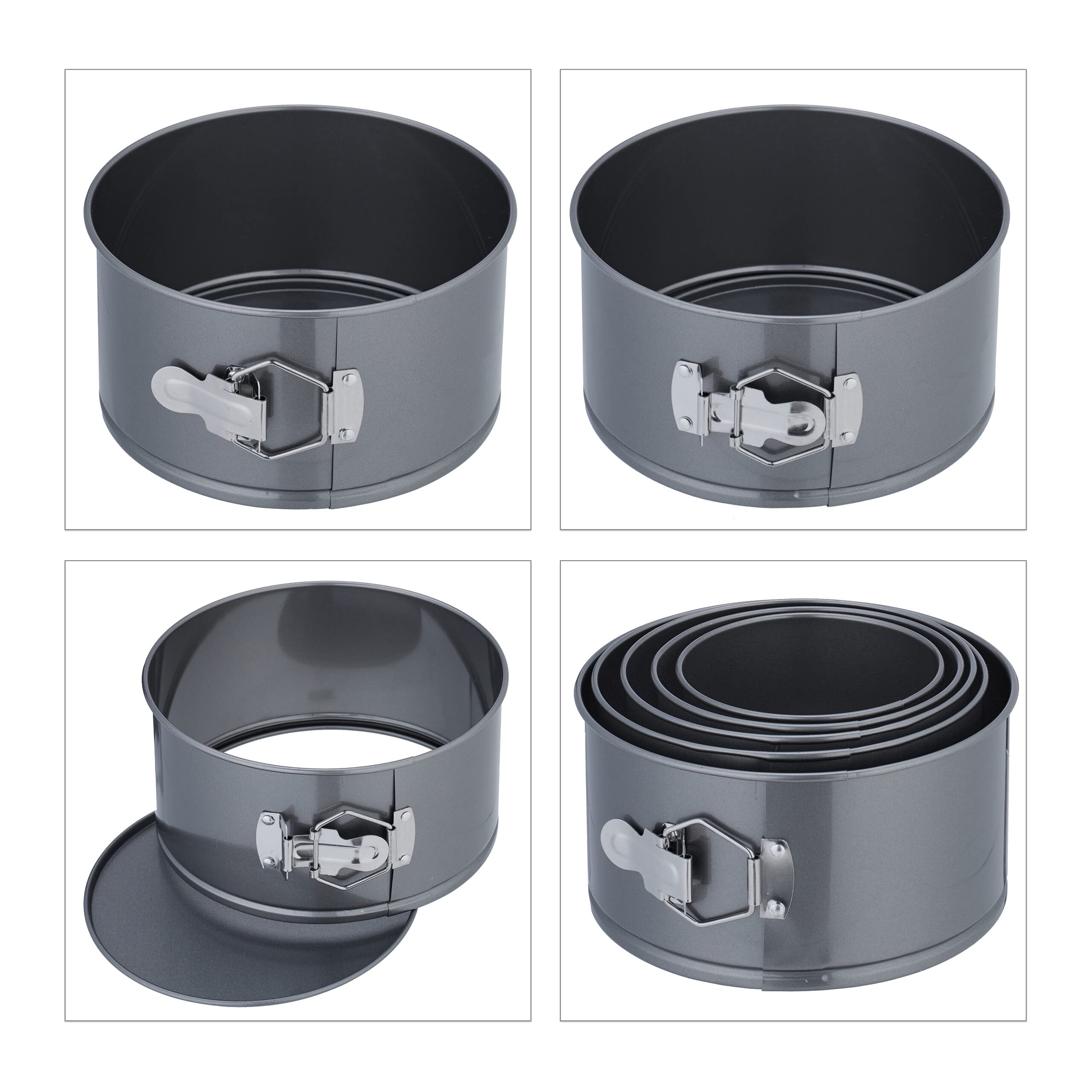 Relaxdays Lot de 5 moules à charnière, 12/14/16/18/20 cm de diamètre, Acier, antiadhésifs, Plats Ronds, Anthracite