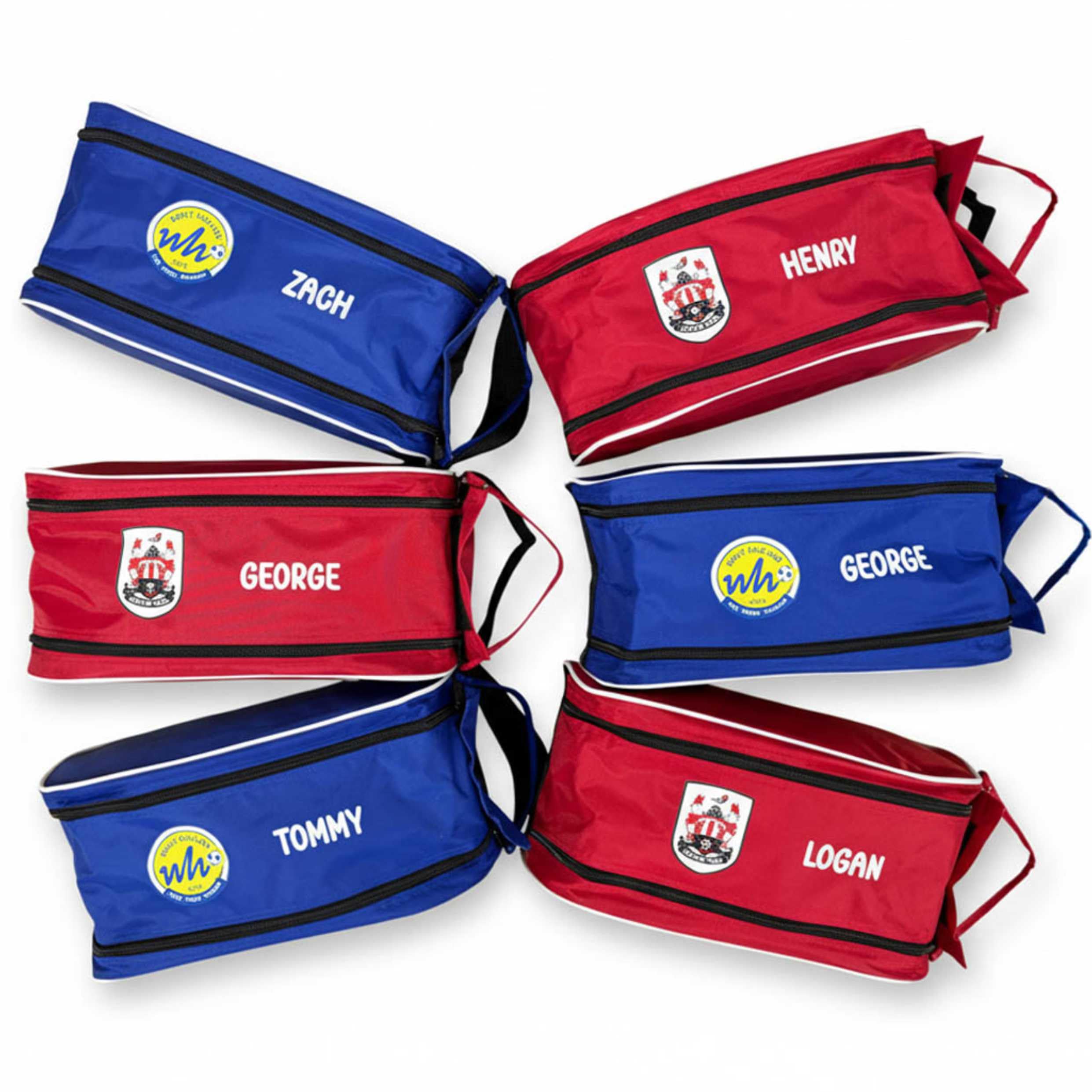 Football Boot Bag, Personalised, Red, Black, Navy, Royal Blue, Team Crest Design, Custom with Name and Logo