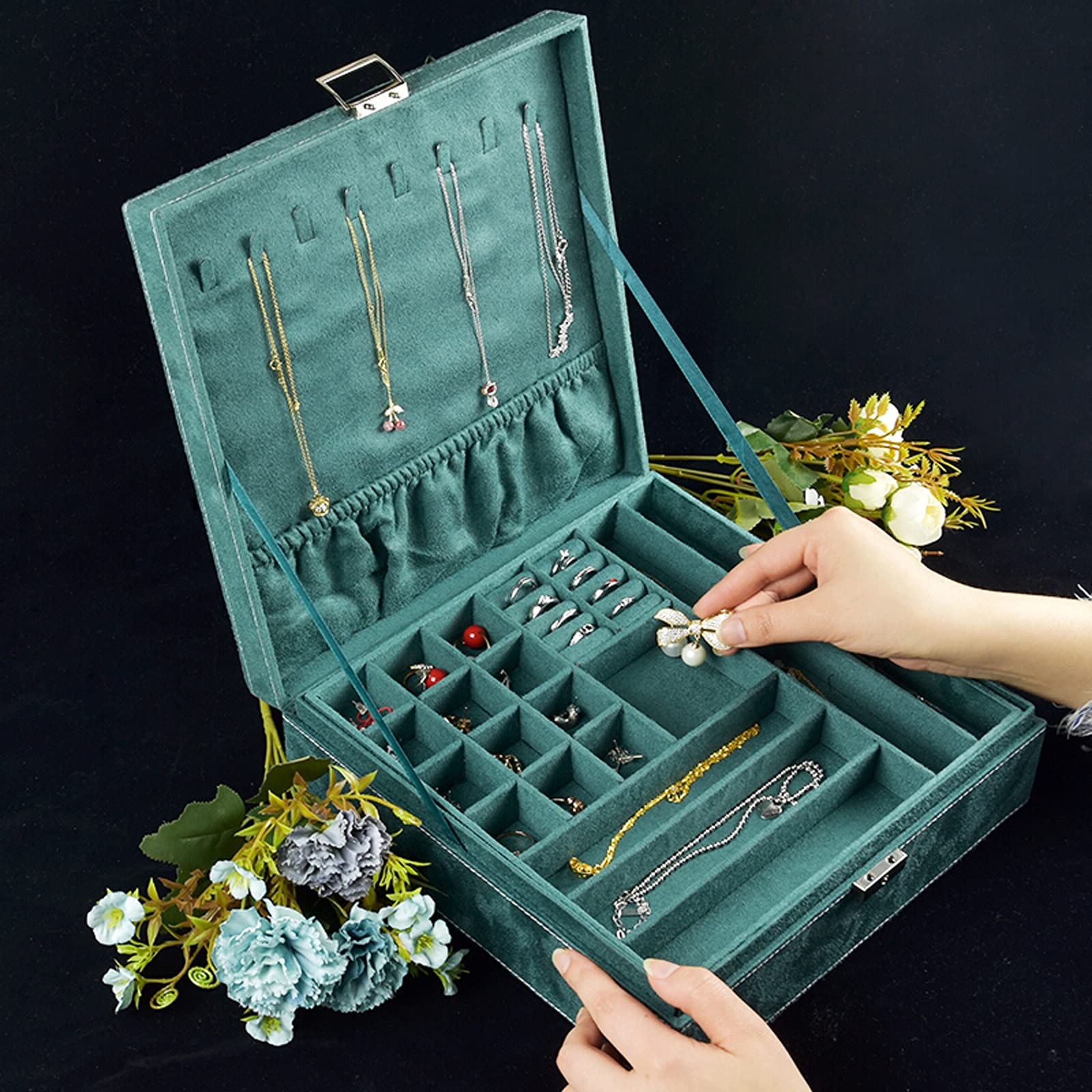 Scatola di Gioielli Box di organizzatore di gioielli a doppio strato DONNA DONNA Flannel Display Display Caso di immagazzinaggio Grande supporto gioielli verdi per orecchini anello collana braccialett