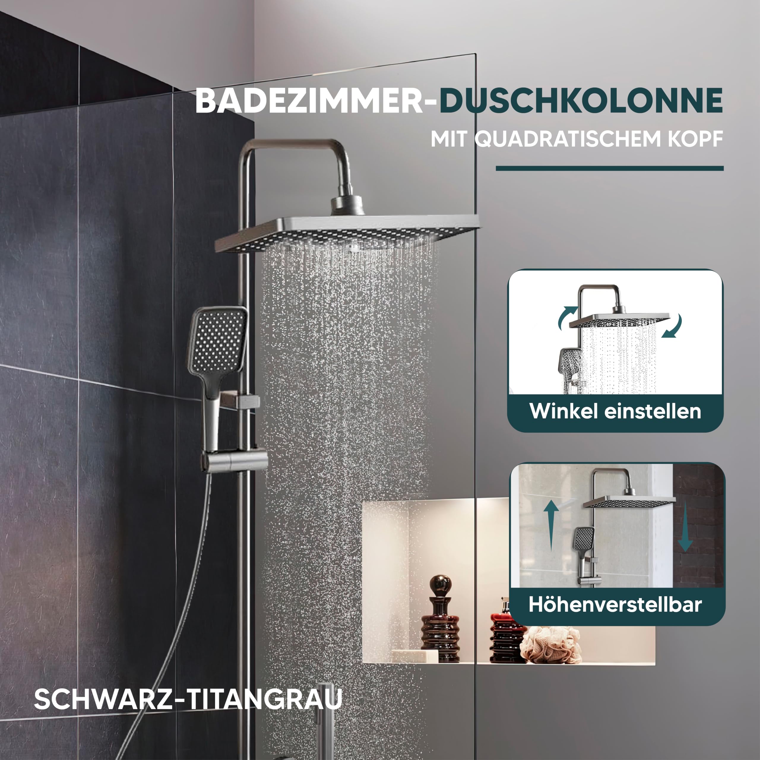 INEX EUROPA Quadratische Regendusche mit Armatur für Maximale Entspannung - Handbrause, konzentriertem Strahl und Wannenarmatur, modernes Edelstahl-Design - 10 Jahre Garantie