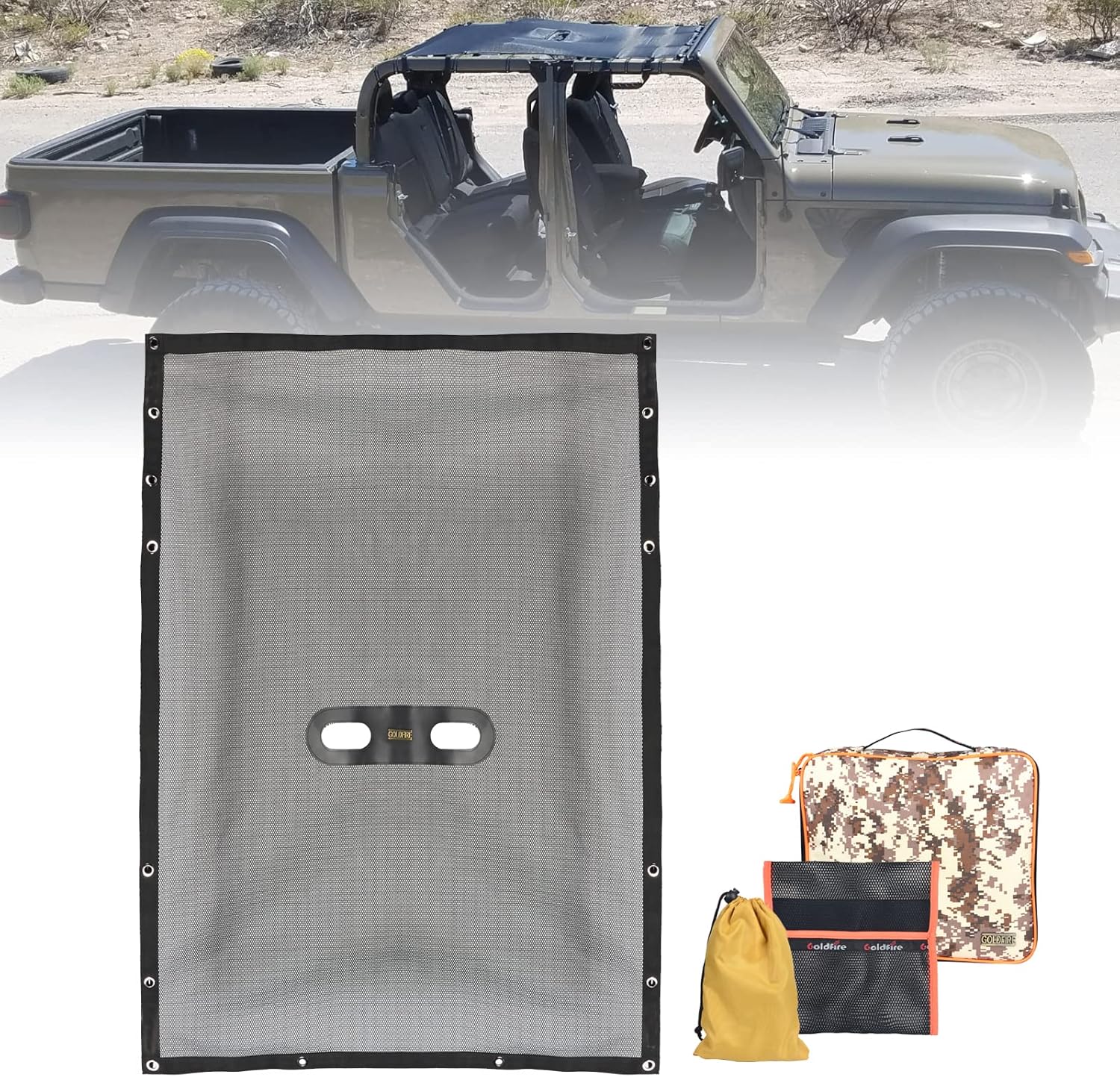 Goldfire Top Sunshade Mesh for Jeep Gladiator JT 2018-2023 4-Door Model Only Soft Sun Shade Roof Cover Rear & Front One-Piece, Jeep Gladiator JT Accessories (Black)