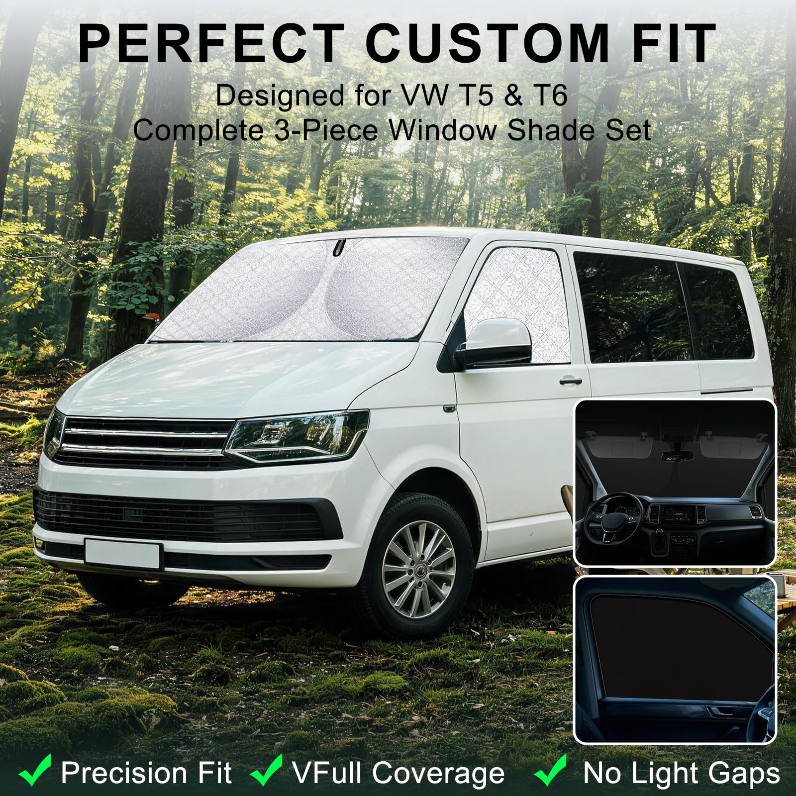 Sonnenschutz Für VW T5 T6 Frontscheibe, Magnetische Frontseitenscheiben | Für VW T5/T6 Camper 3er-Pack, Magnetische Seitenfenster, Verdunkelung & Privatsphäre, UV-Schutz, Ideal für Reisen
